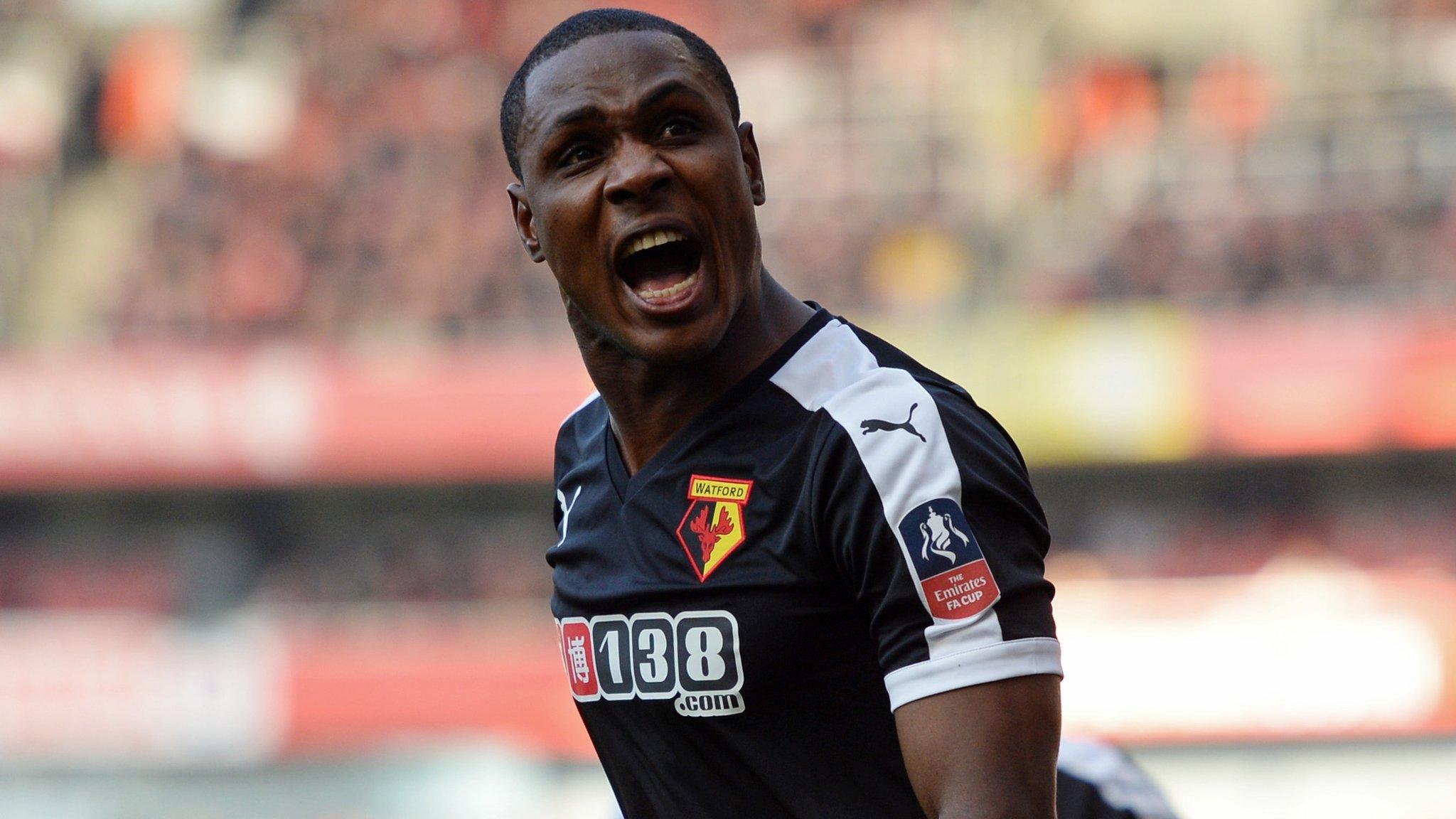 Odion Igahlo celebrates scoring for Watford against Arsenal in the FA Cup