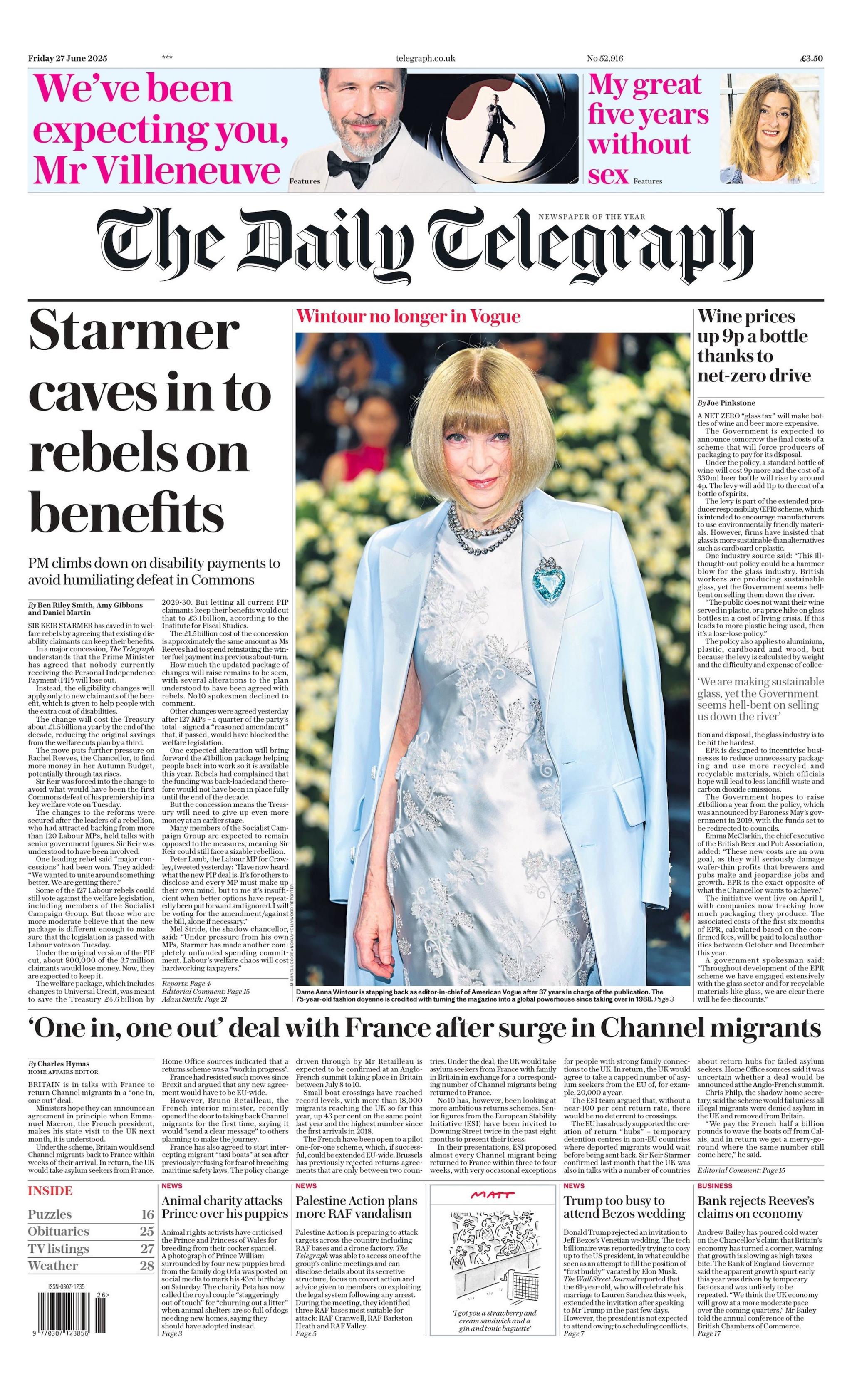 "Starmer caves in to rebels on benefits" reads the headline on the front page of The Daily Telegraph.