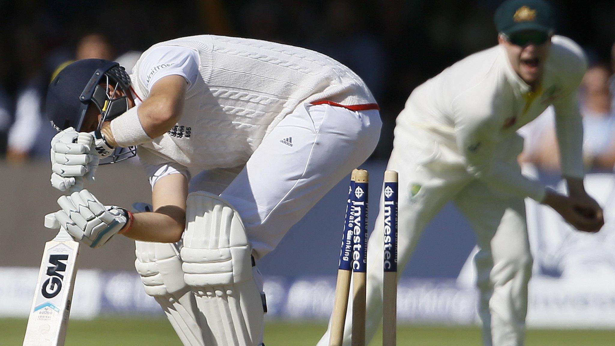 Joe Root is bowled in the England collapse