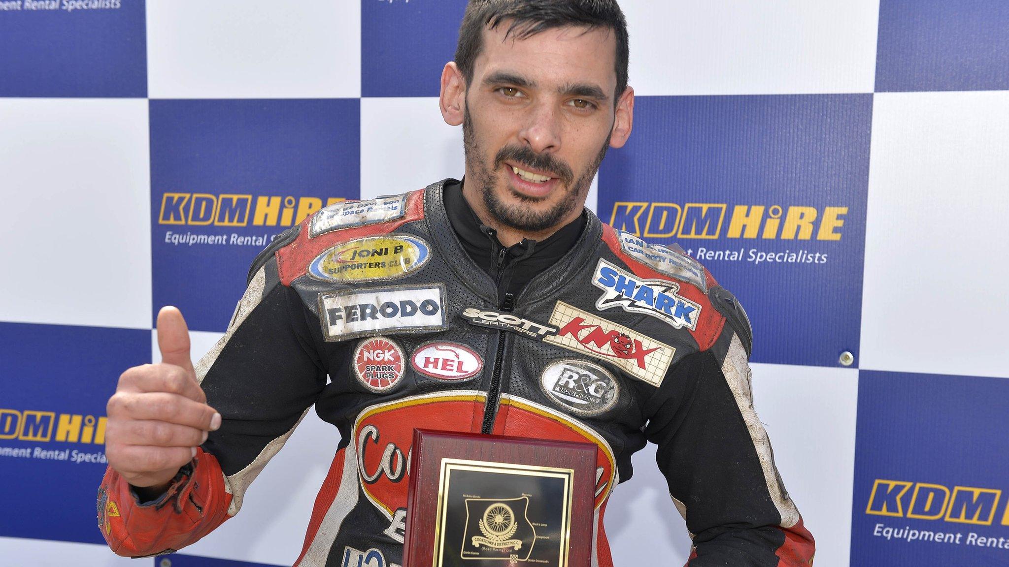 A happy Derek Sheils after his Open race victory at the Cookstown 100