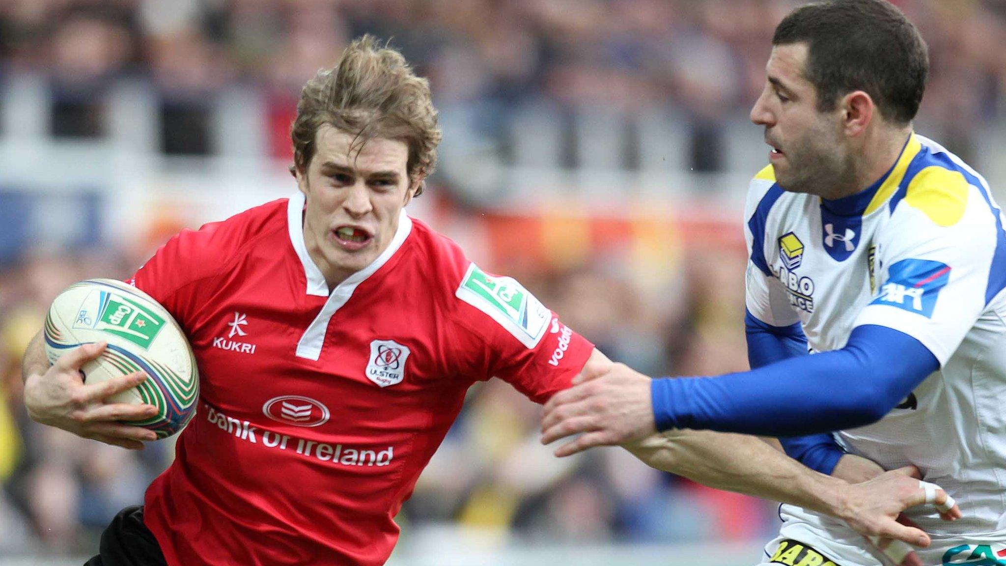 Ulster wing Andrew Trimble is tackled by Clermont's Julien Malzieu