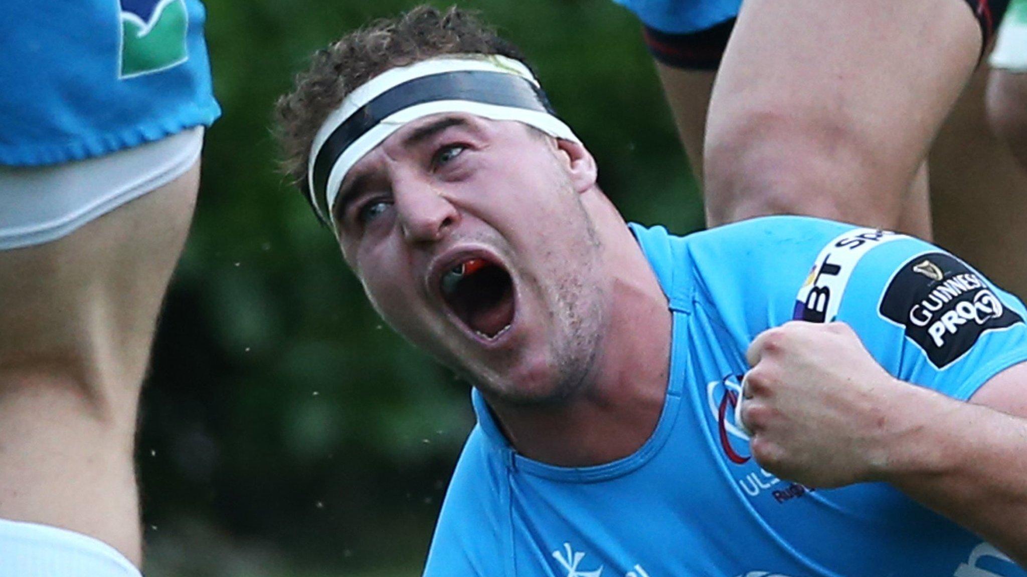 Rob Herring celebrates after scoring Ulster's second try at the Stadio Comunale di Monigo