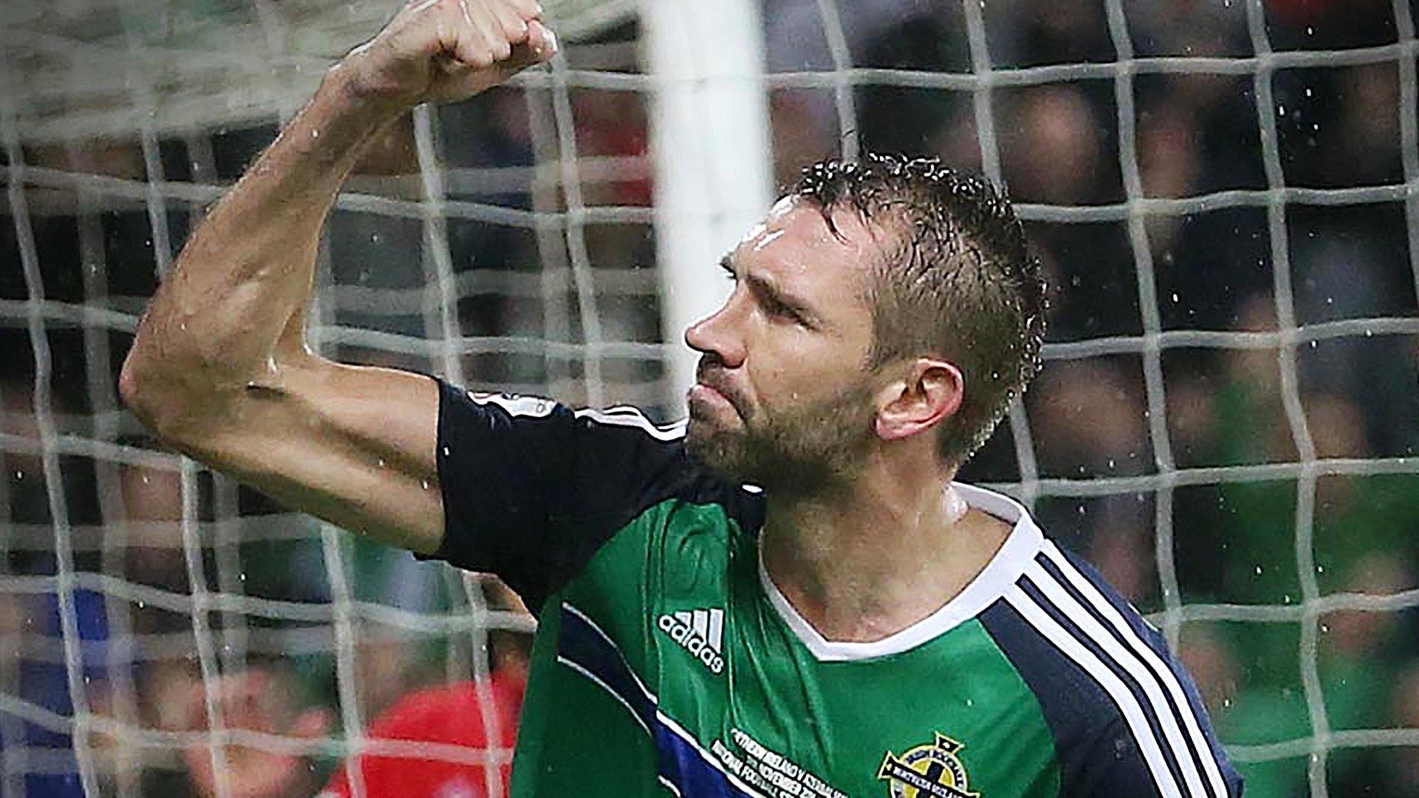 Gareth McAuley celebrates scoiring against Azerbaijan last year