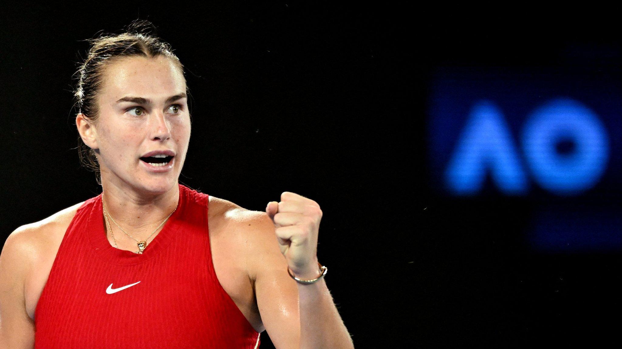 Aryna Sabalenka celebrates against Coco Gauff at the Australian Open