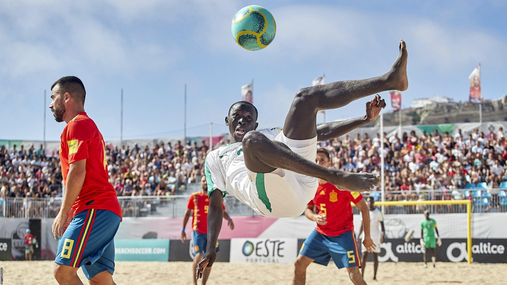 Nazare, Portugal, 14 August: Papa Modou of Senegal shots on goal during the match between Senegal and Spain during day 2 of Mundialito Nazare 2019 at Estadio Do Viveiro (Photo by Quality Sport Images/Getty Images)