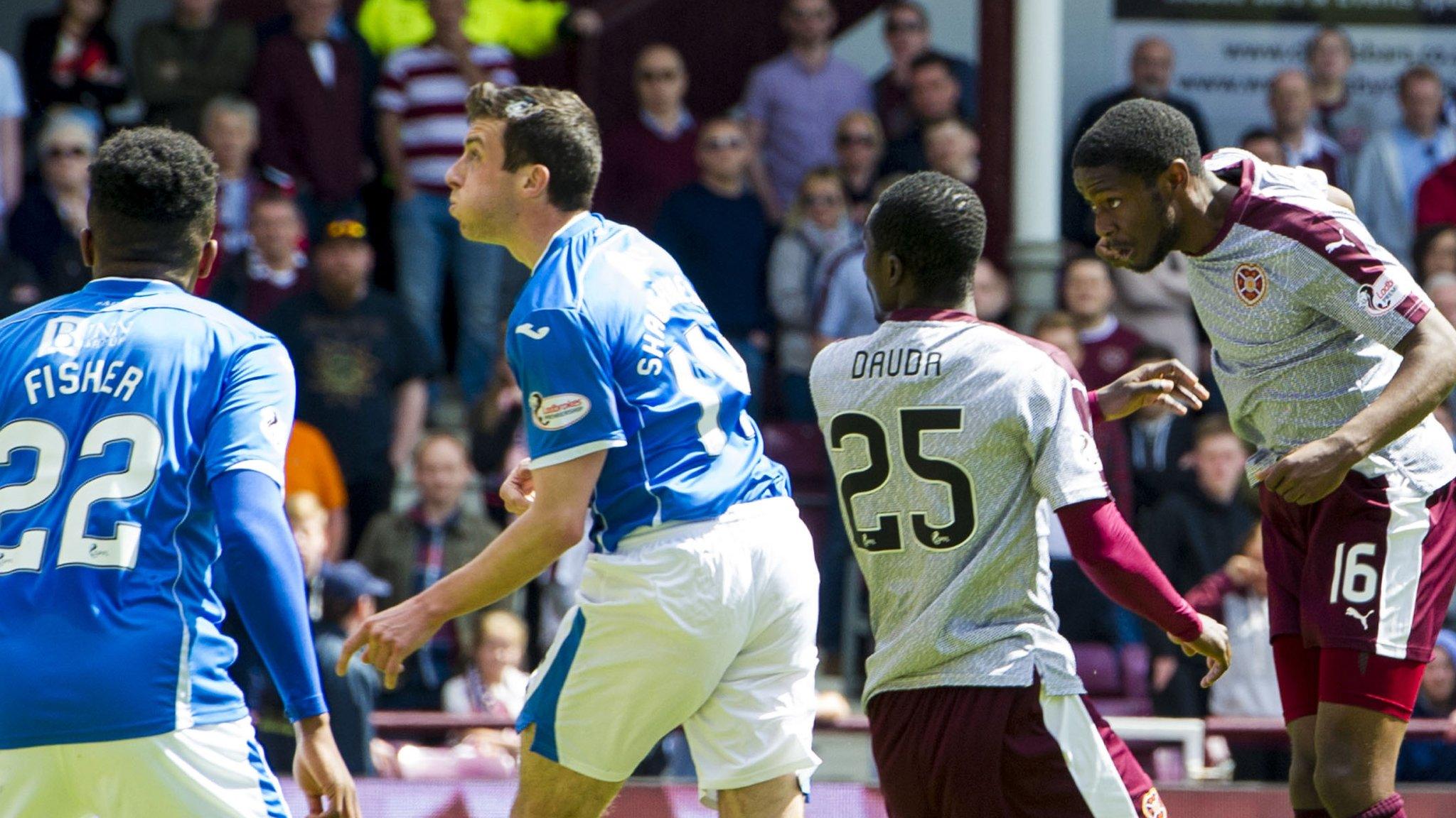 Hearts' Arnaud Djoum (right) heads in pulled a goal back