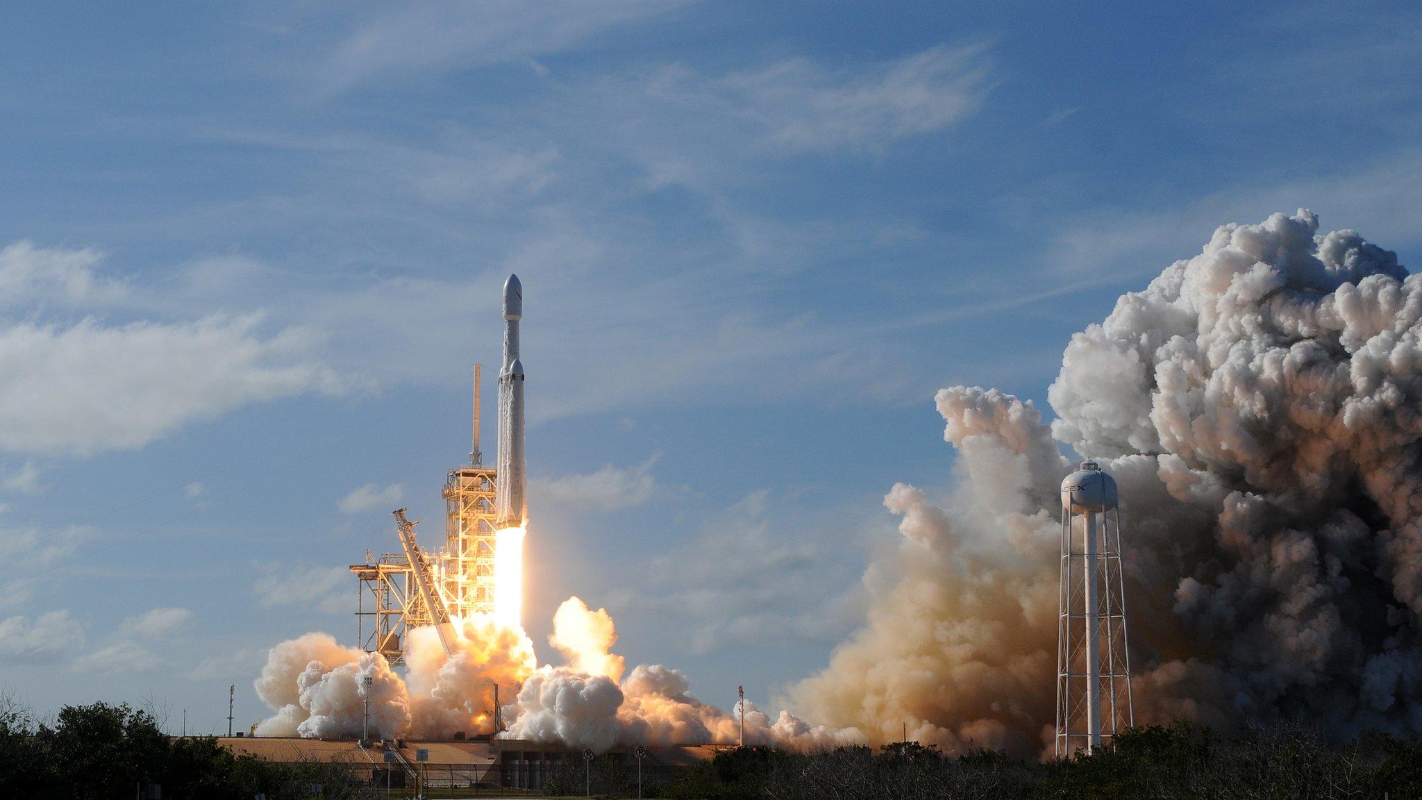 The SpaceX Falcon Heavy launches from Pad 39A at the Kennedy Space Center in Florida, on February 6, 2018, on its demonstration mission.