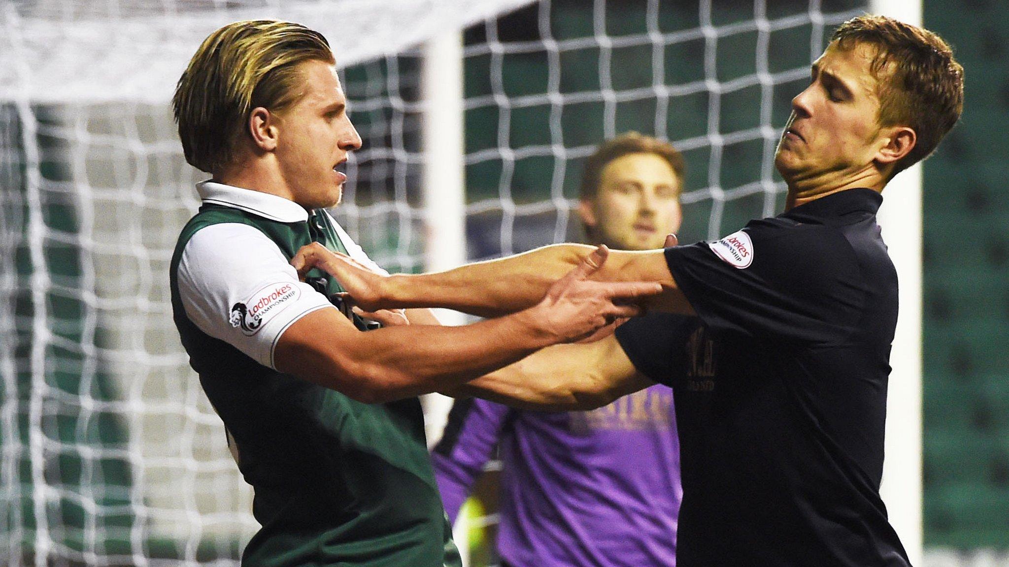 Hibs' Jason Cummings and Falkirk's Will Vaulks square up to each other in their recent meeting at Easter Road