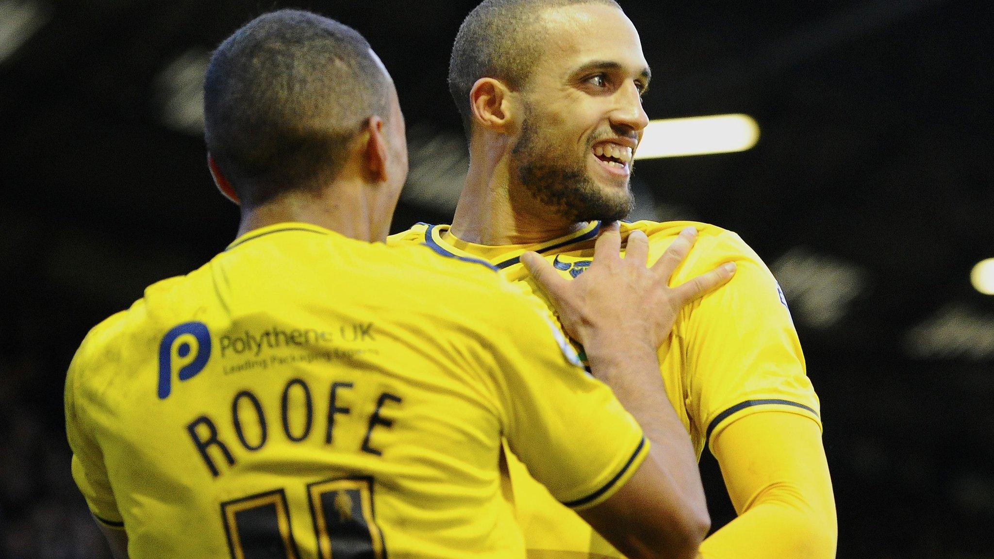 Jordan Bowery celebrates his debut goal for Oxford United