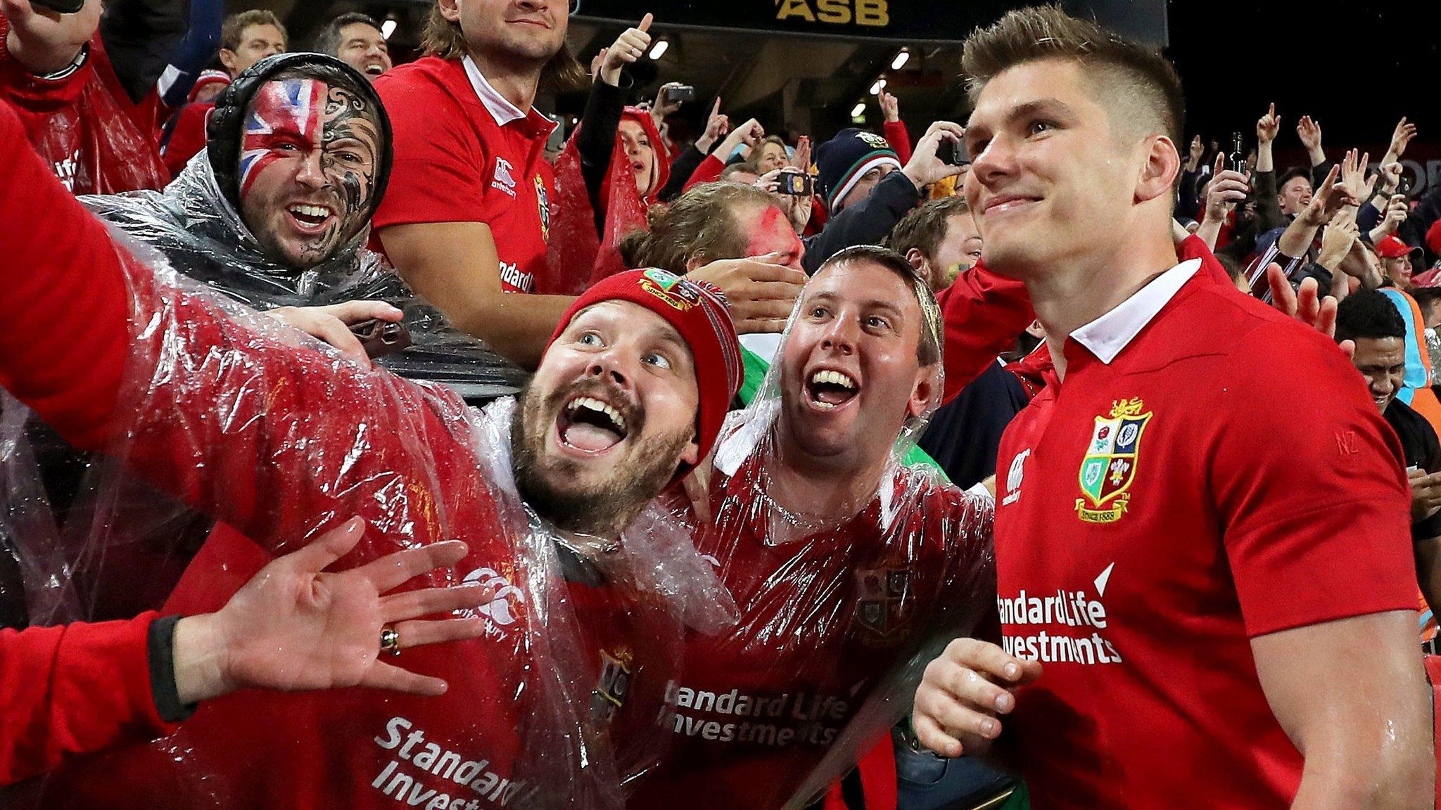 Owen Farrell takes a selfie with Lions fans after the third-Test draw in Auckland