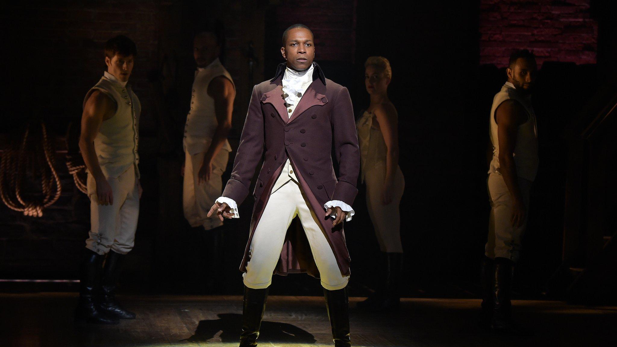 Actor Leslie Odom Jr. on stage in the Broadway version of Hamilton