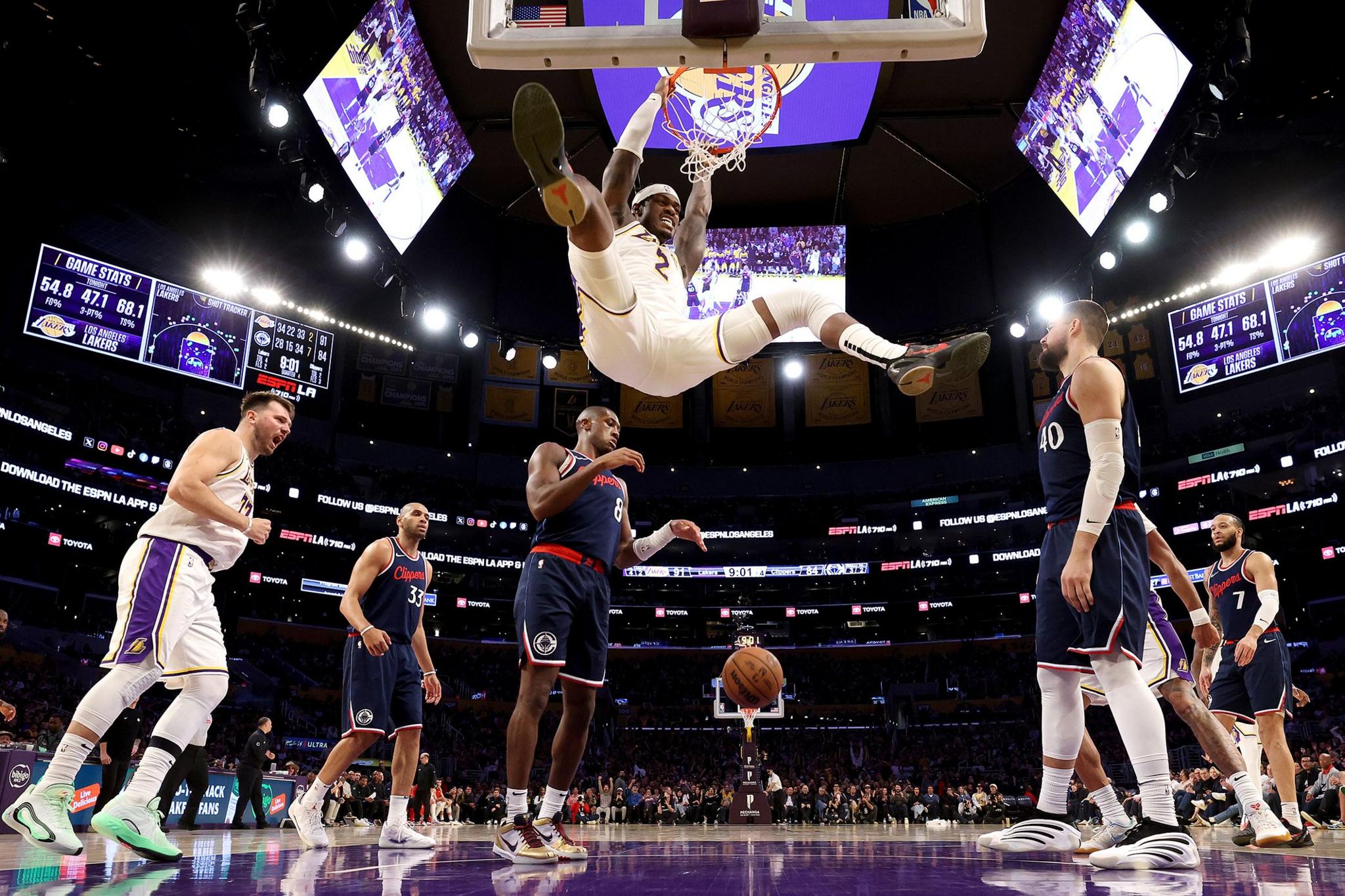 Los Angeles Lakers Jarred Vanderbilt dunks the ball against the LA Clippers during the fourth quarter at Crypto.com Arena in Los Angeles, California