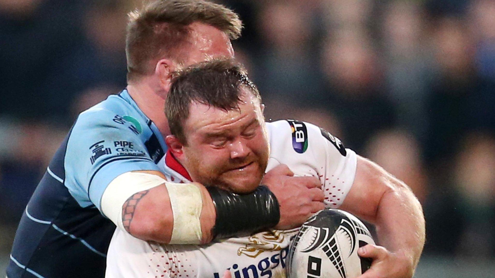 Cardiff's Matthew Rees tackles Ulster prop Andrew Warwick