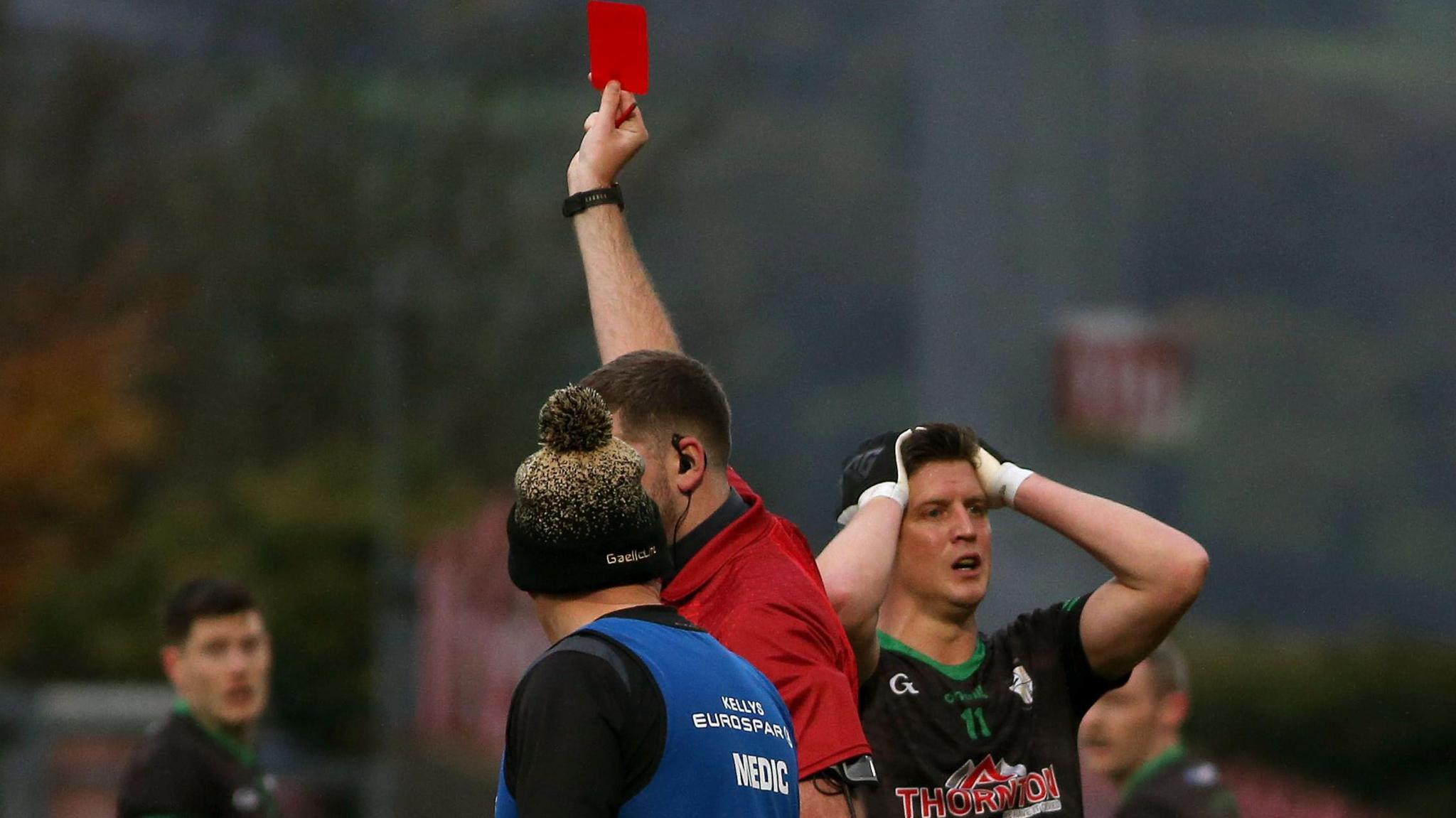 Cargin's Tomas McCann shows his shock after being harshly sent off in last year's Ulster Club quarter-final defeat by eventual champions Glens