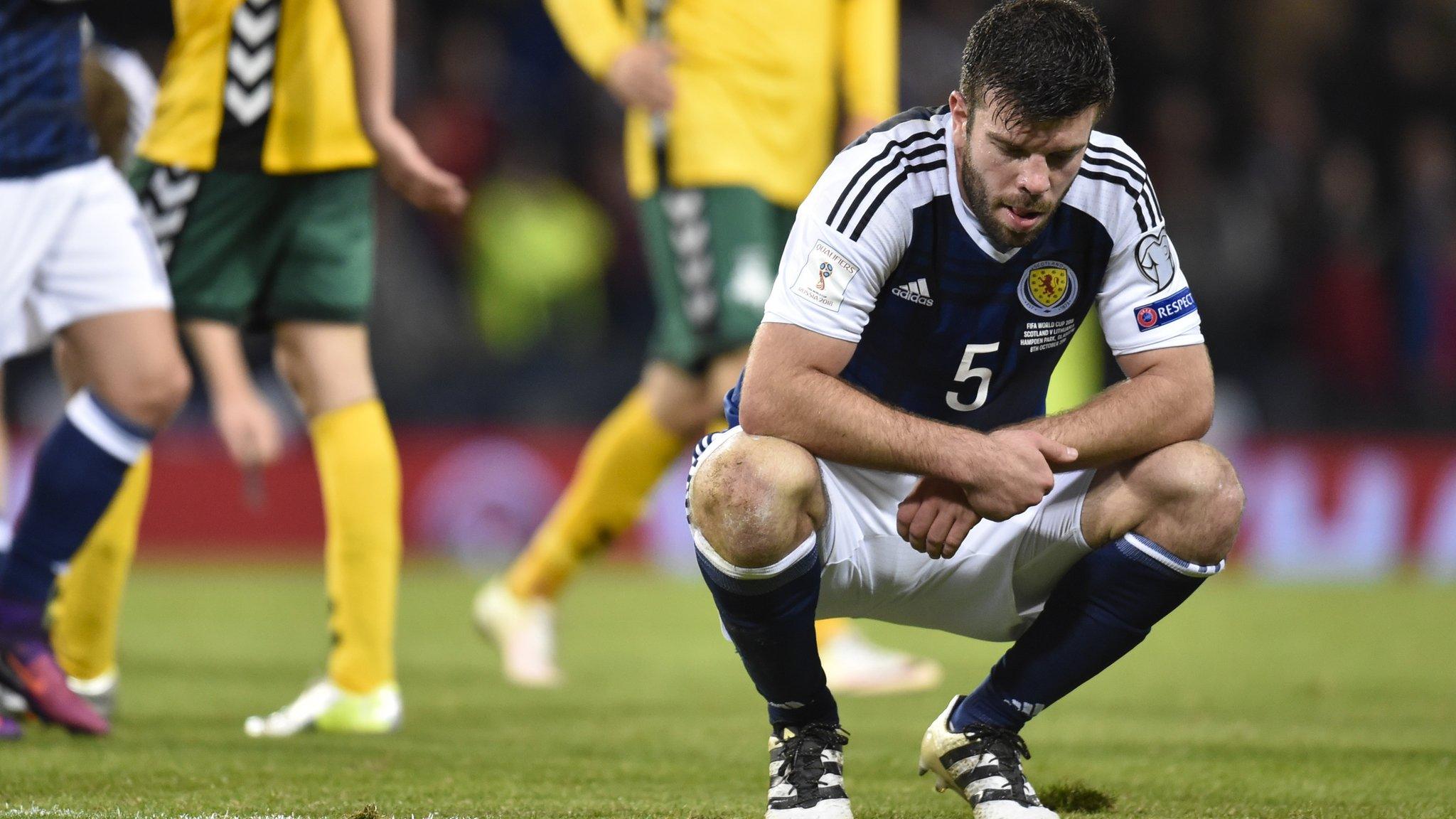 Grant Hanley cuts a dejected figure after Scotland's draw with Lithuania