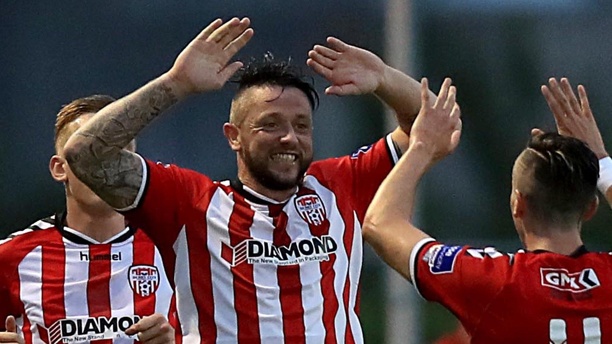 Rory Patterson celebrates after equalising for Derry in the first half at the Carlisle Grounds