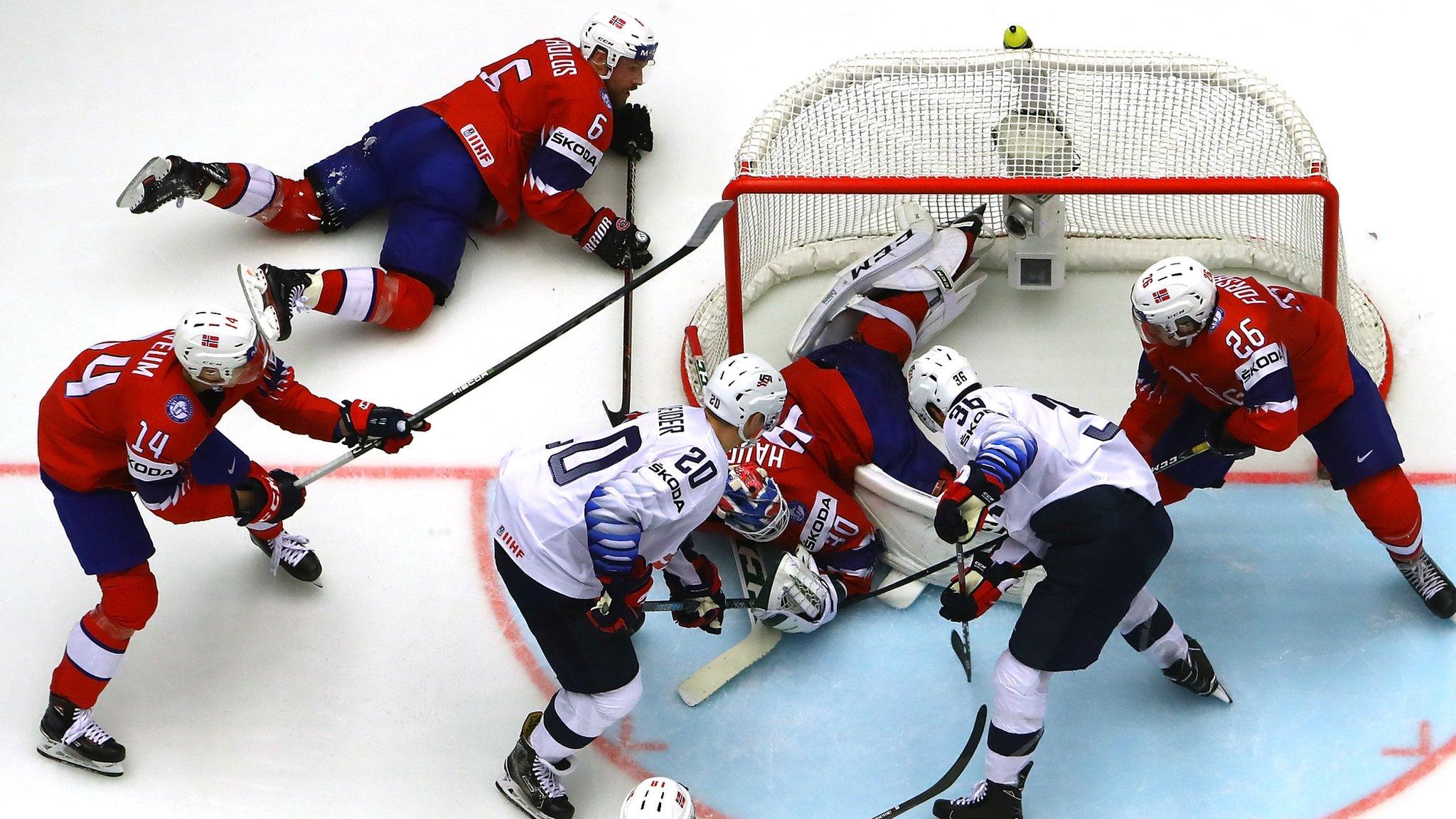 HERNING, DENMARK - MAY 13: Lars Haugen #30, goaltender of Norway tends net against of United States during the 2018 IIHF Ice Hockey World Championship Group B game between Norway and United States at Jyske Bank Boxen on May 13, 2018 in Herning, Denmark. (Photo by Martin Rose/Getty Images)