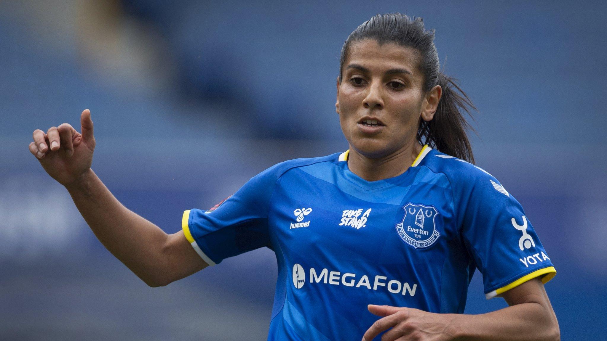 Kenza Dali playing for Everton women with Megafon as the shirt sponsor