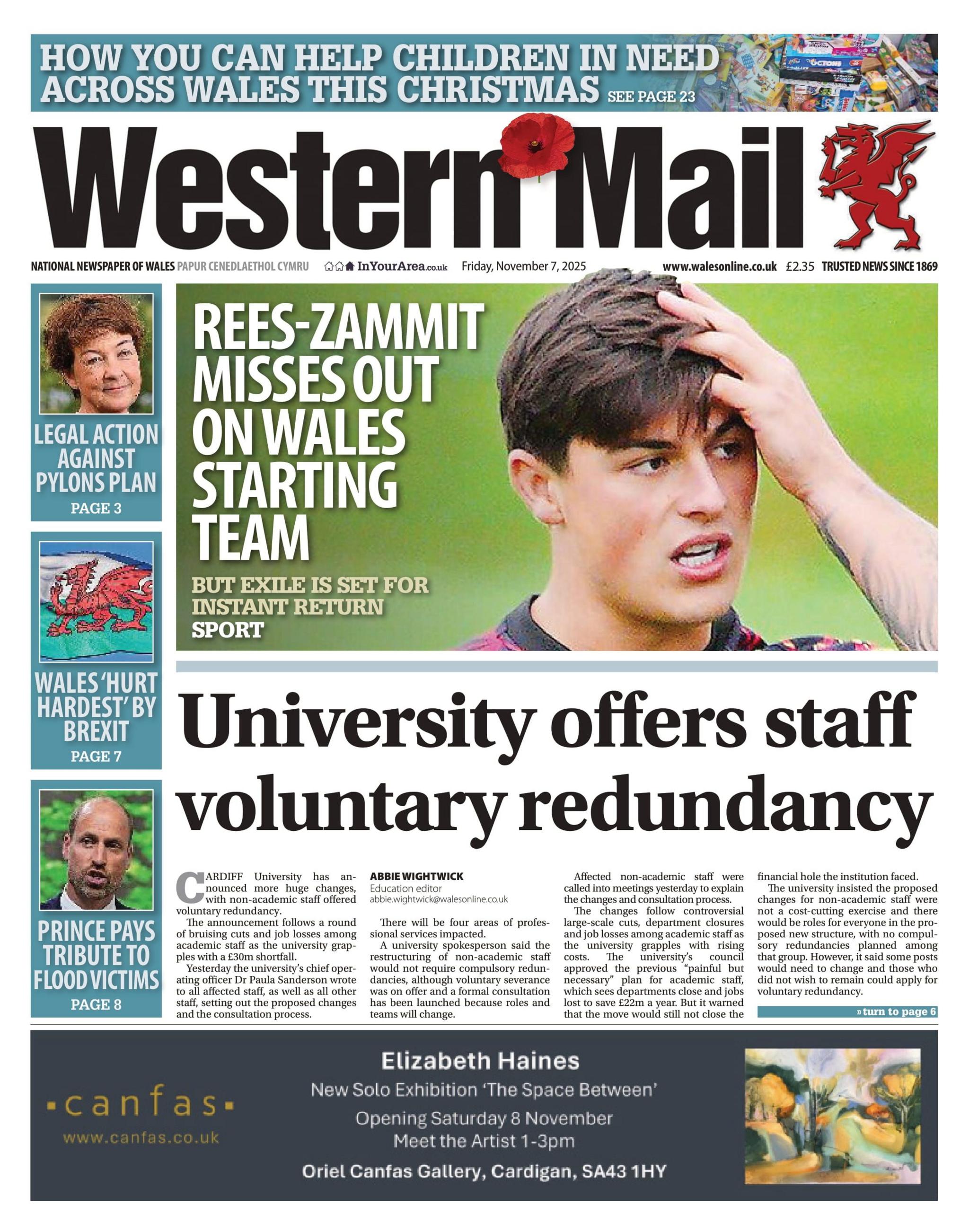 Western Mail with a picture of rugby player Louis Rees-Zammit with the headline "Rees-Zammit misses out on Wales starting team". Beneath that is the main news stories, the headline for which reads "University offers staff voluntary redundancy"