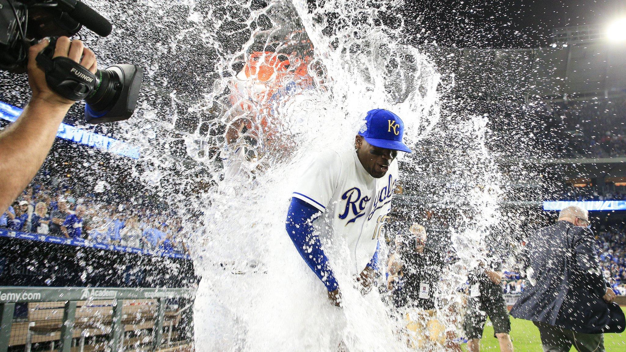 KANSAS CITY, MO - MAY 04: Jorge Soler #12 of the Kansas City Royals gets water dumped on him by teammate Salvador Perez #13 after defeating the Detroit Tigers at Kauffman Stadium on May 4, 2018 in Kansas City, Missouri. (Photo by Brian Davidson/Getty Images)