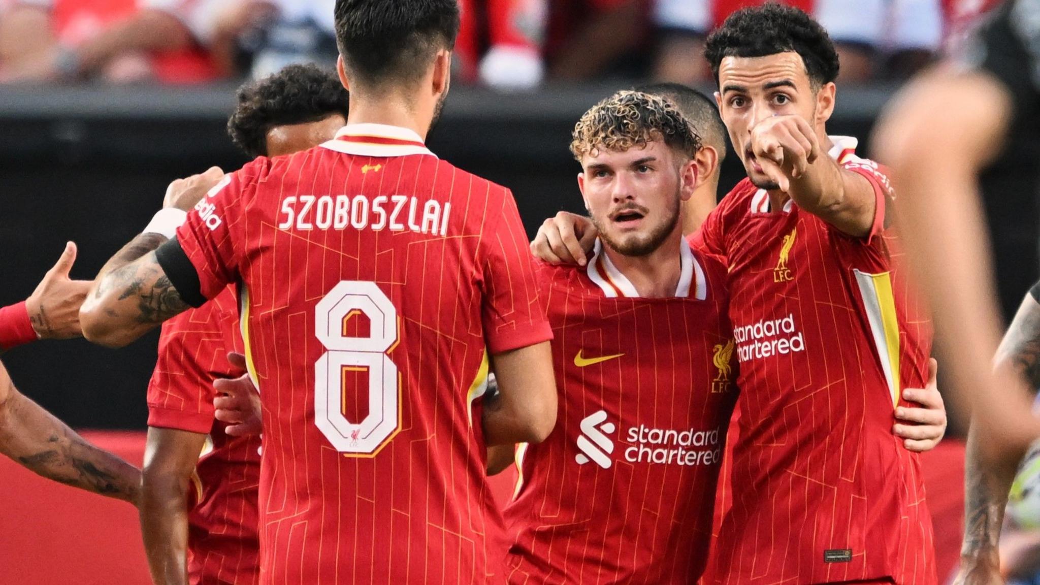 Harvey Elliott celebrates a Liverpool goal