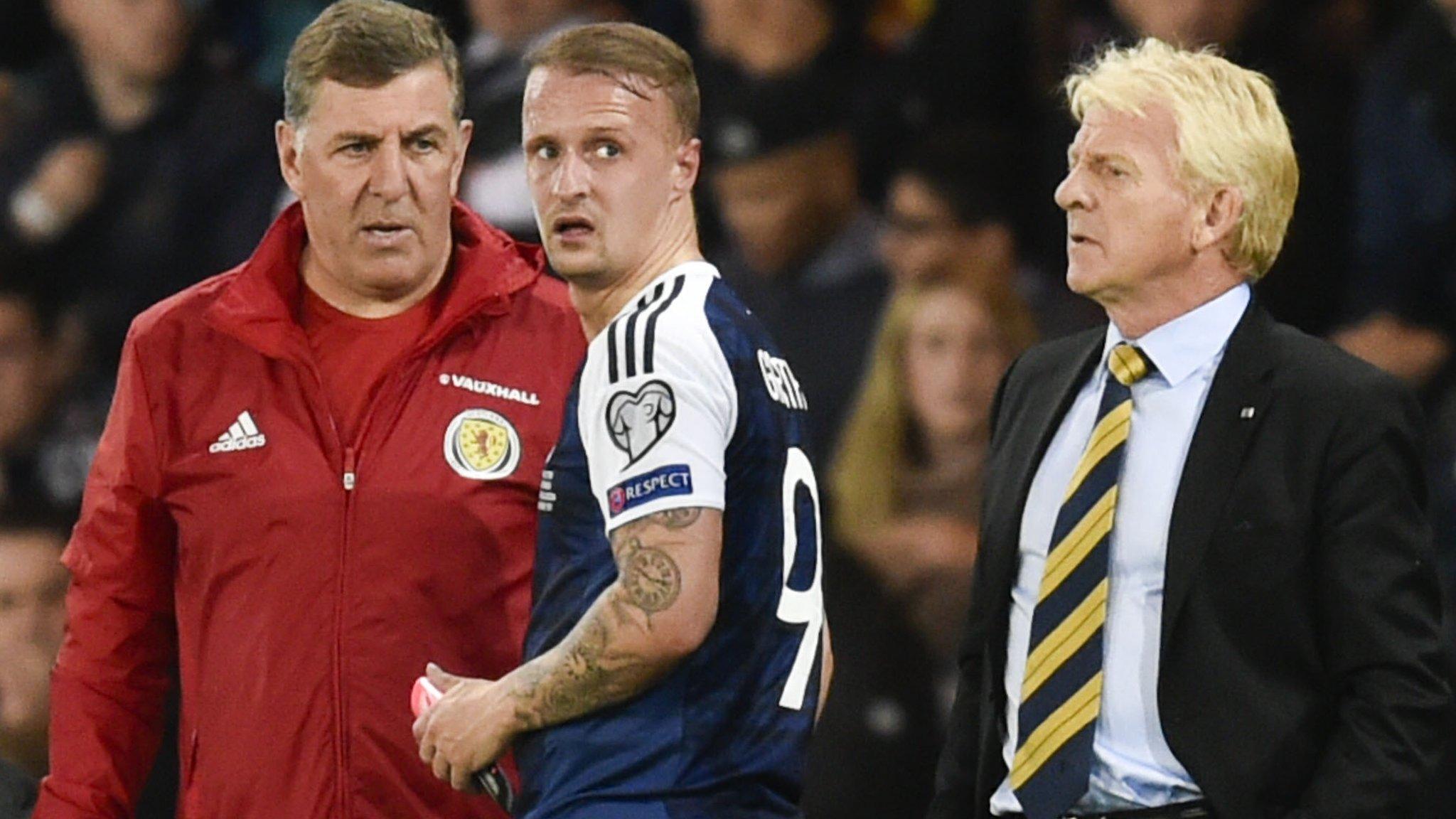 Scotland assistant boss Mark McGhee, Leigh Griffiths and manager Gordon Strachan