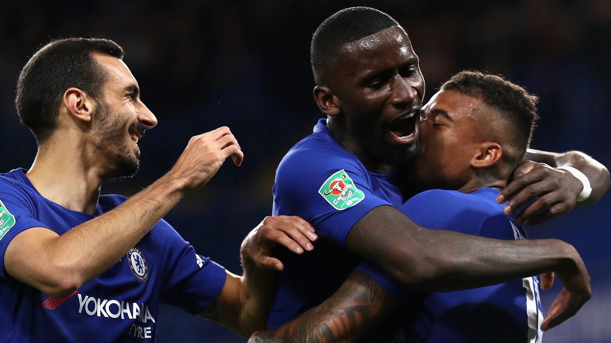 Chelsea's players celebrate scoring against Nottingham Forest