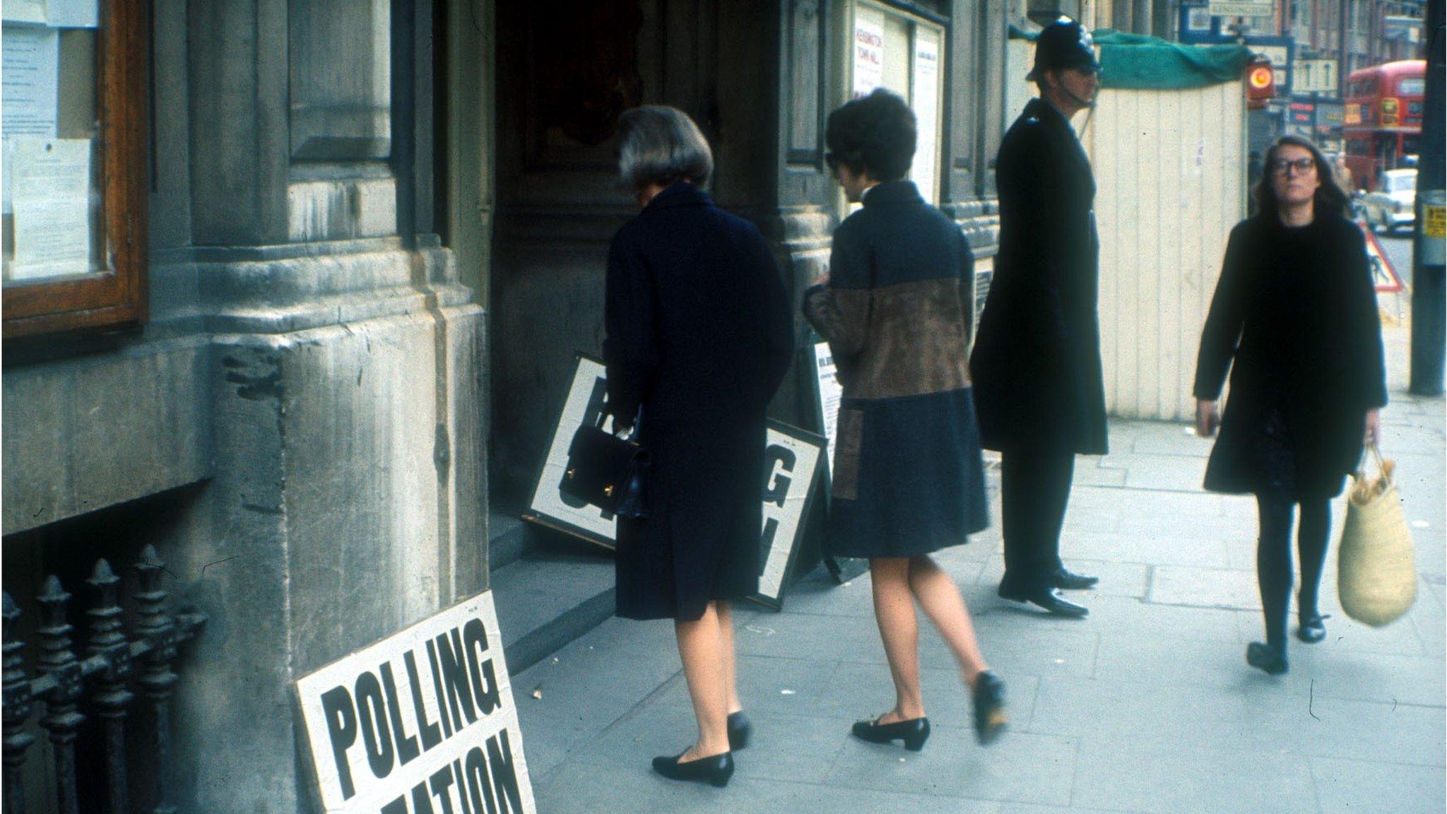 Women at a polling station in the 1970s