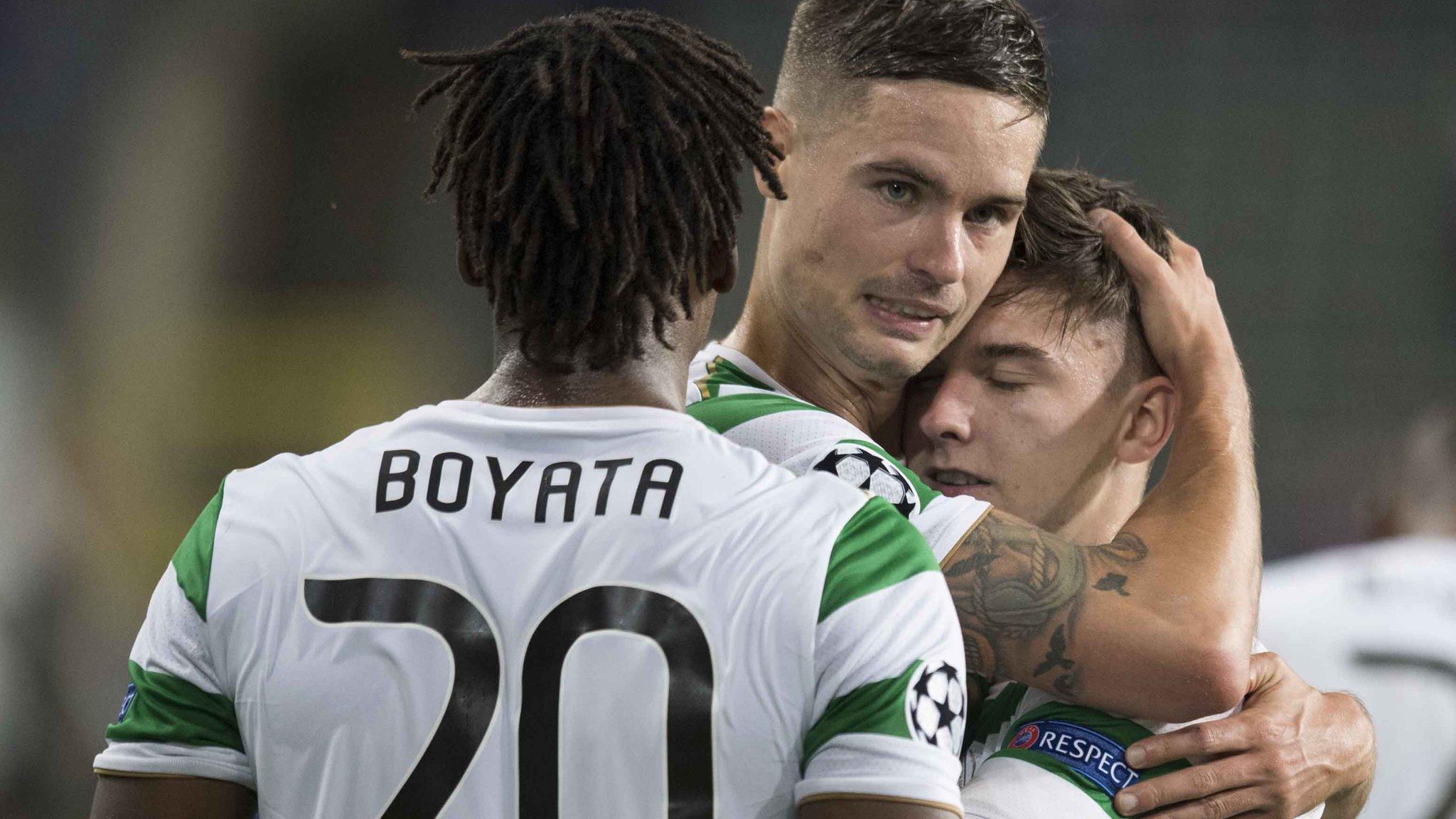 Dedryck Boyata, Mikael Lustig and Kieran Tierney celebrate the win over Anderlecht