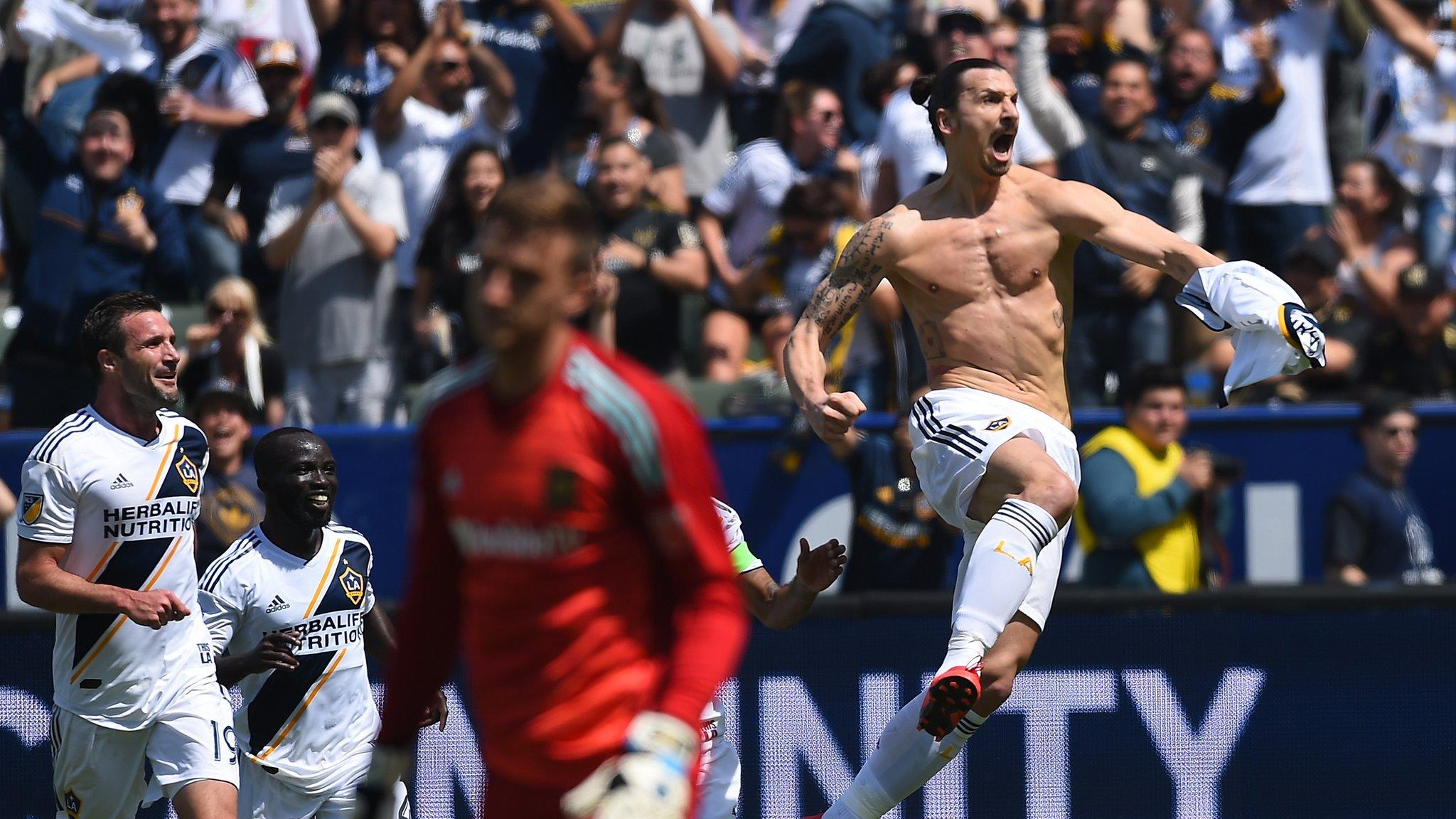 Zlatan Ibrahimovic of Los Angeles Galaxy celebrates after scoring a goal in the second half of the game against the Los Angeles FC at StubHub Center on March 31, 2018 in Carson, California