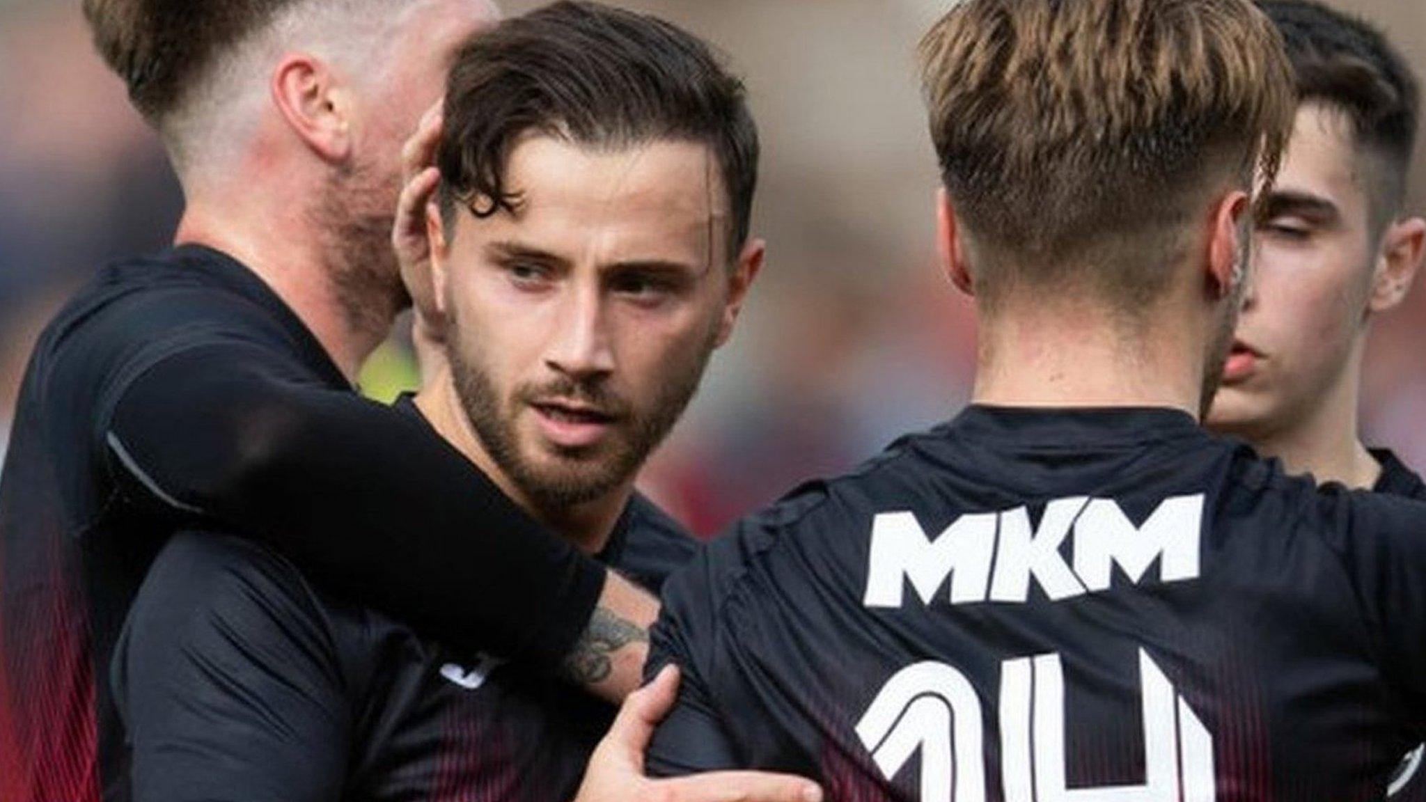 Zander Murray celebrating for Gala Fairydean Rovers against Sauchie Juniors.