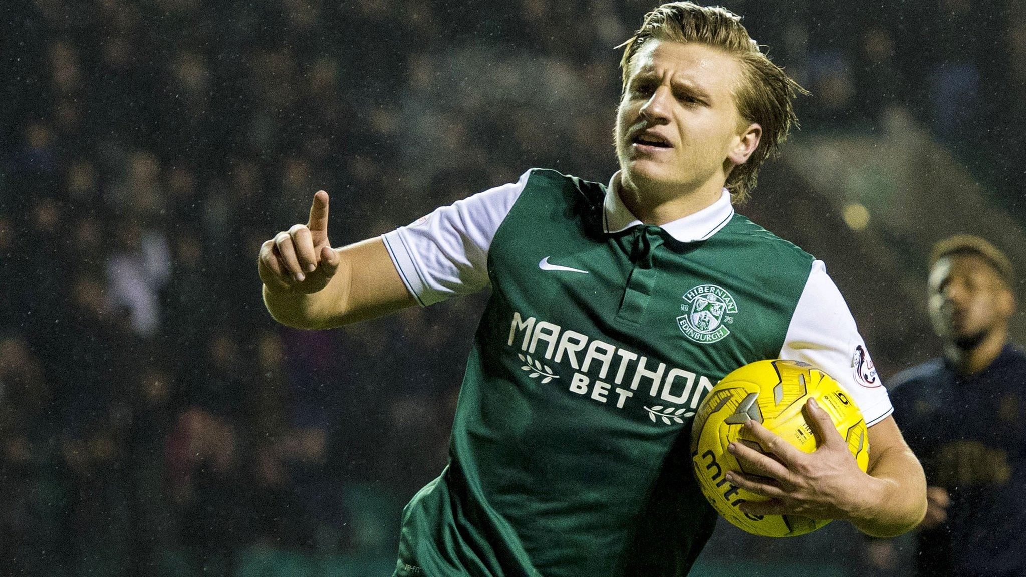 Jason Cummings celebrates a recent goal for Hibs at Easter Road against Rangers