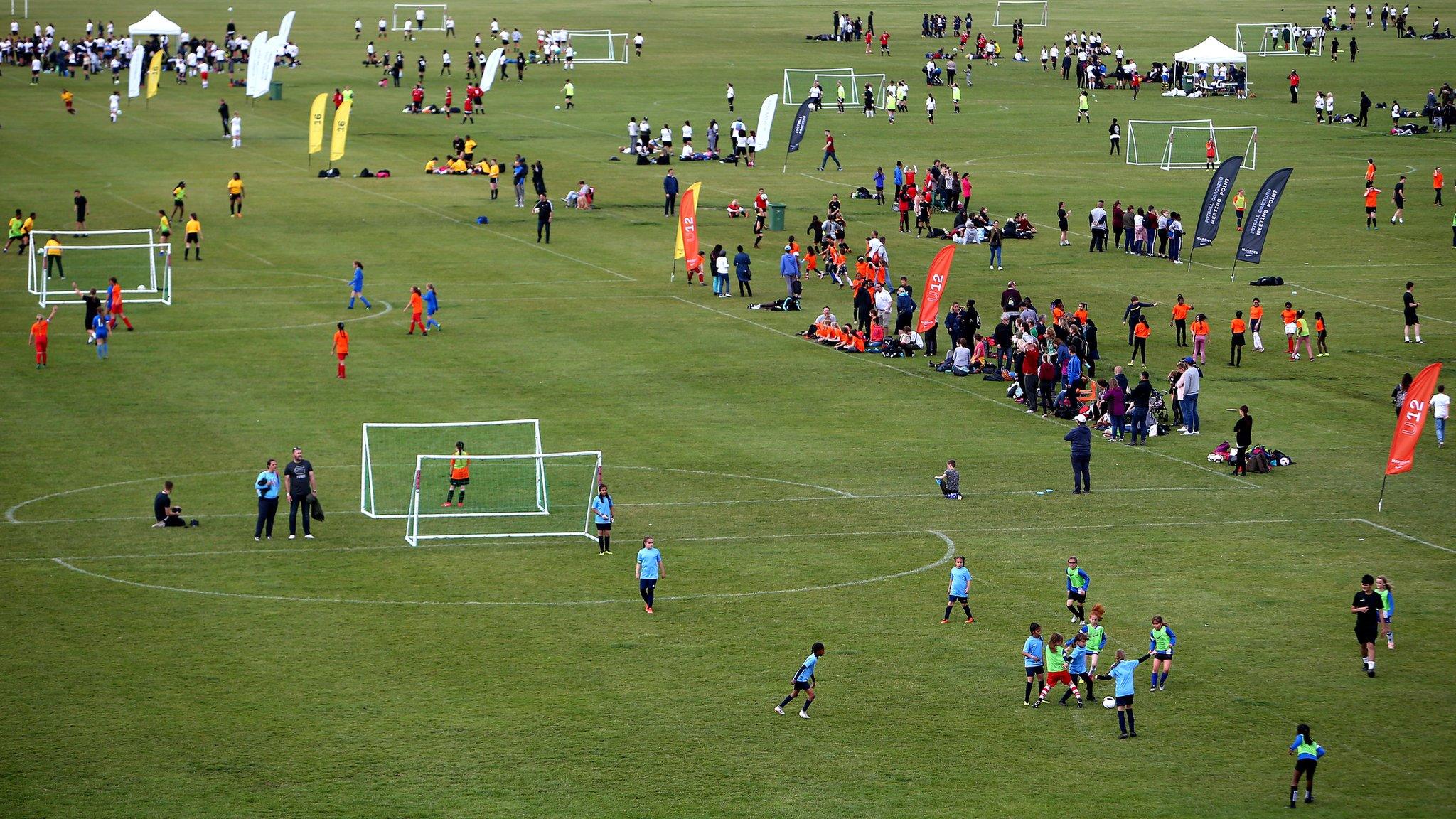 General shot of amateur football matches at Hackney Marshes