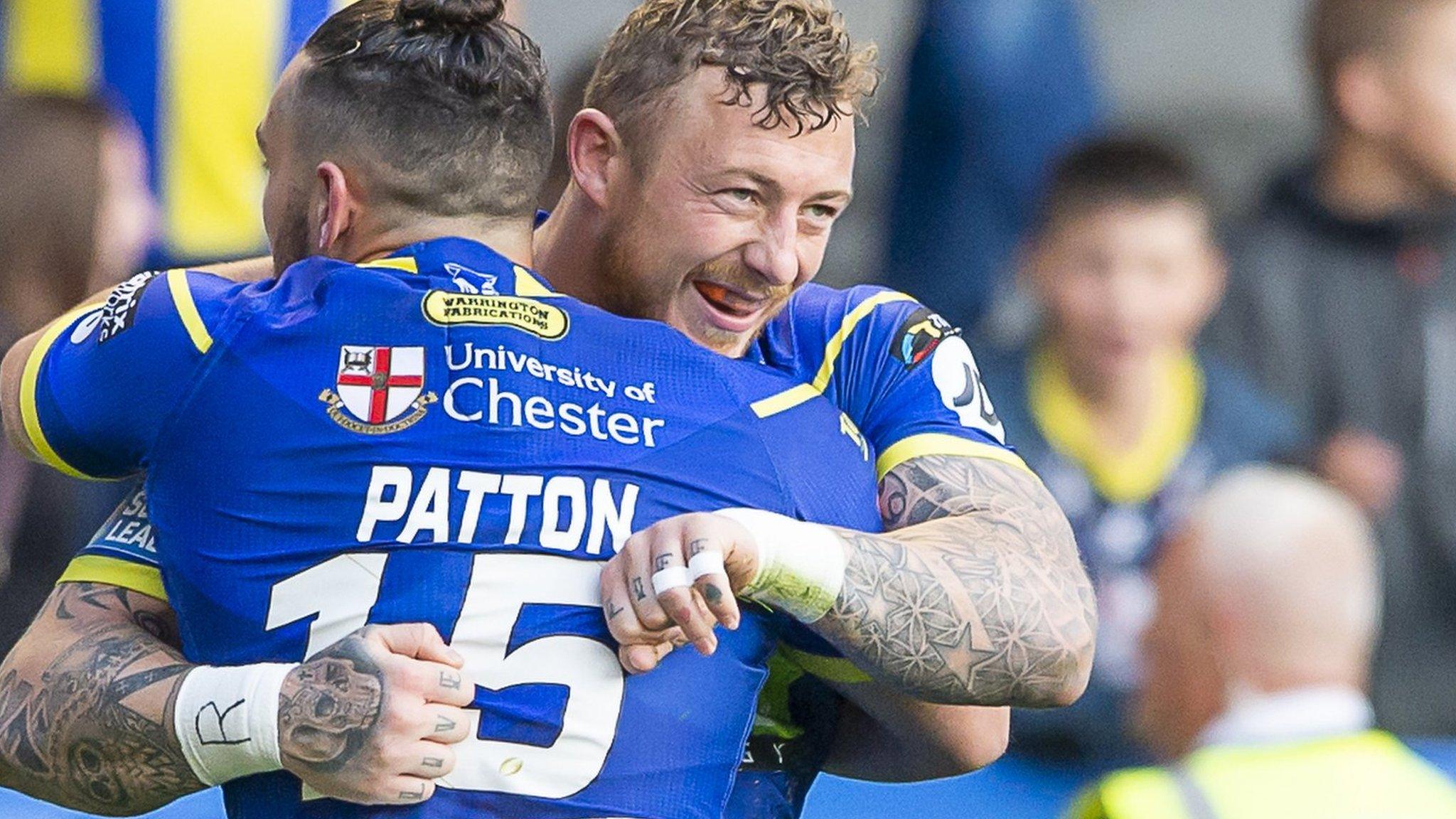 Warrington's Josh Charnley is congratulated on scoring a try against Catalans by Declan Patton