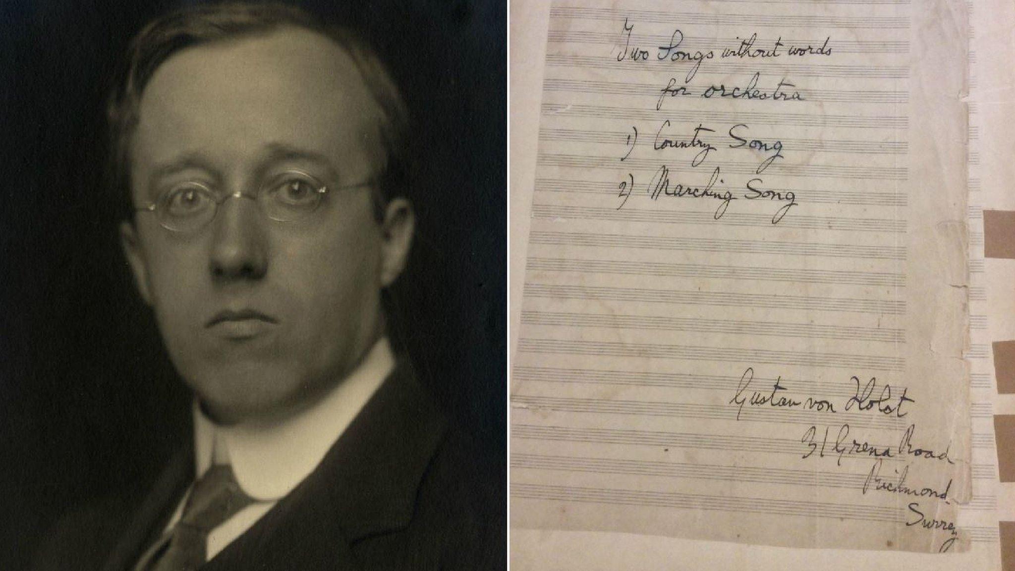 A composite image of Gustav Holst and the manuscript