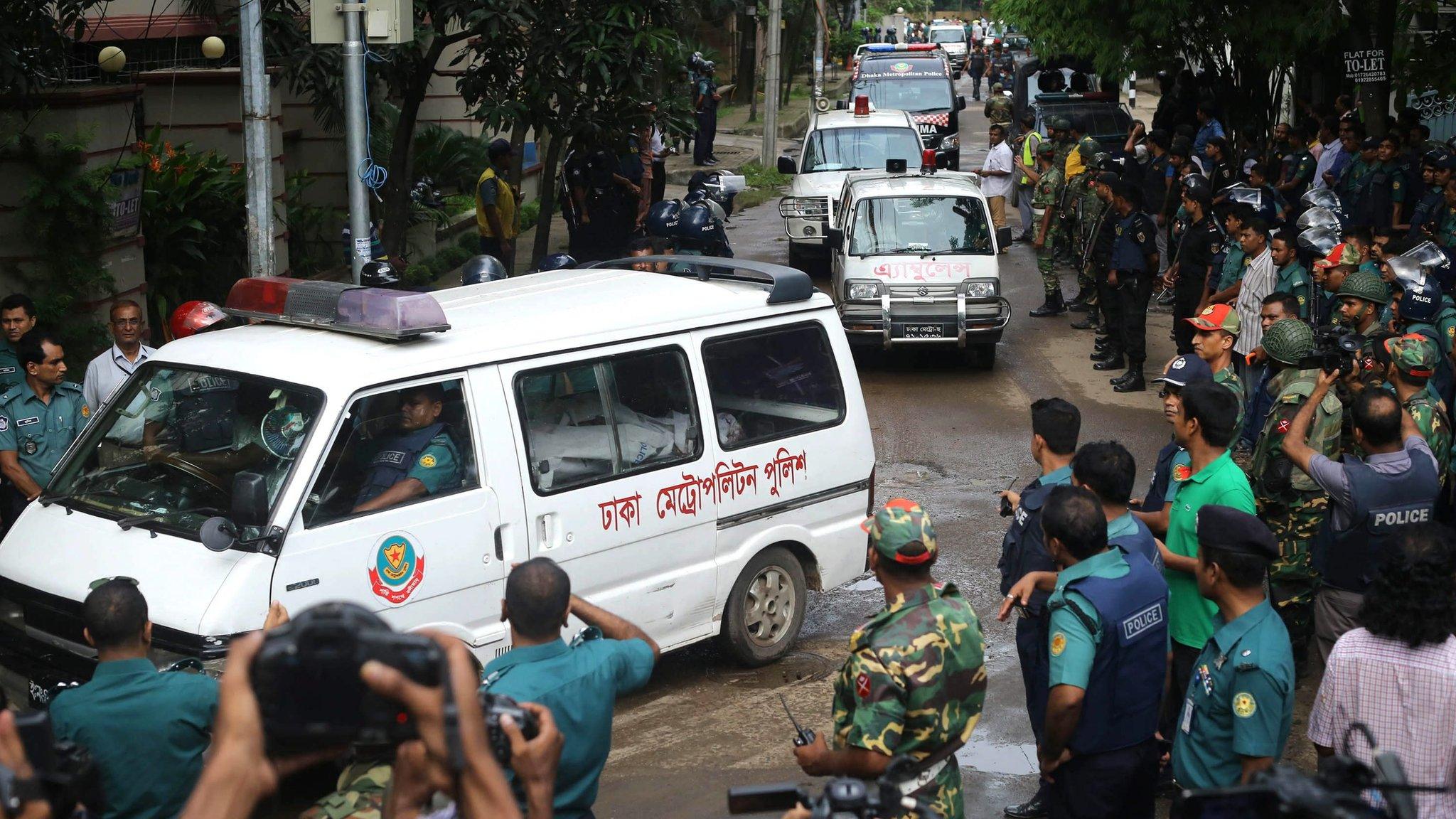 Ambulances carry bodies from the Holey Artisan Bakery in Dhaka, Bangladesh, 02 July 2016