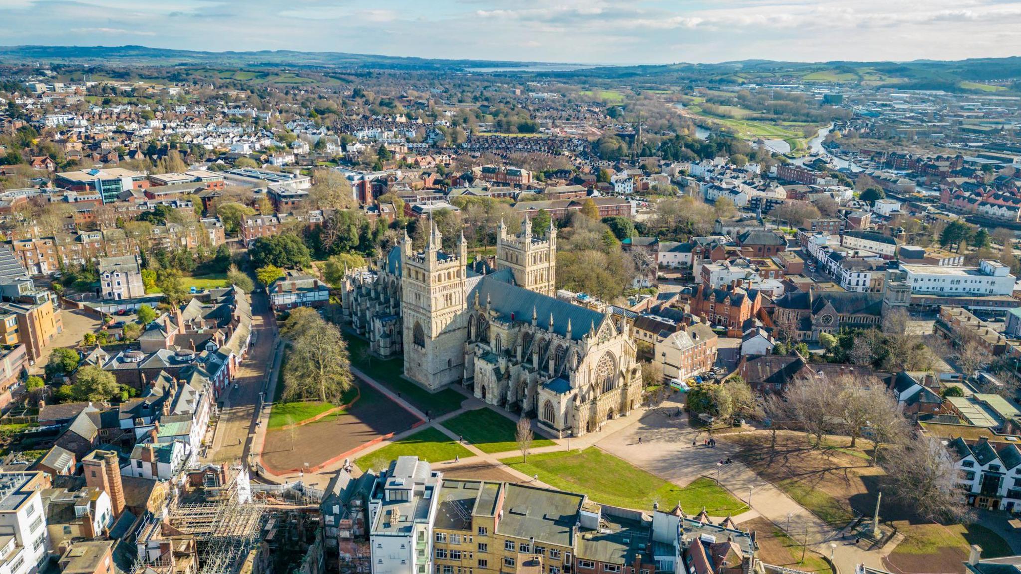 An aerial view of Exeter Cathedral and the city