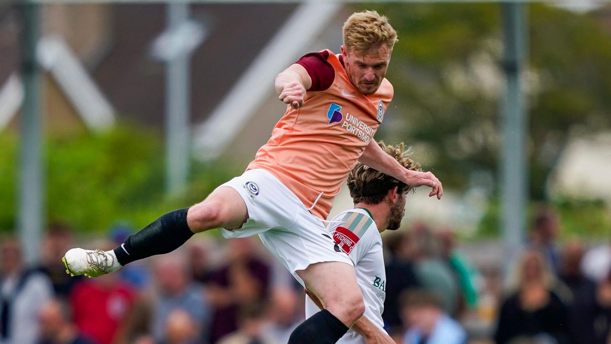 Jack Sparkes in aerial combat in a pre-season friendly against Bognor Regis