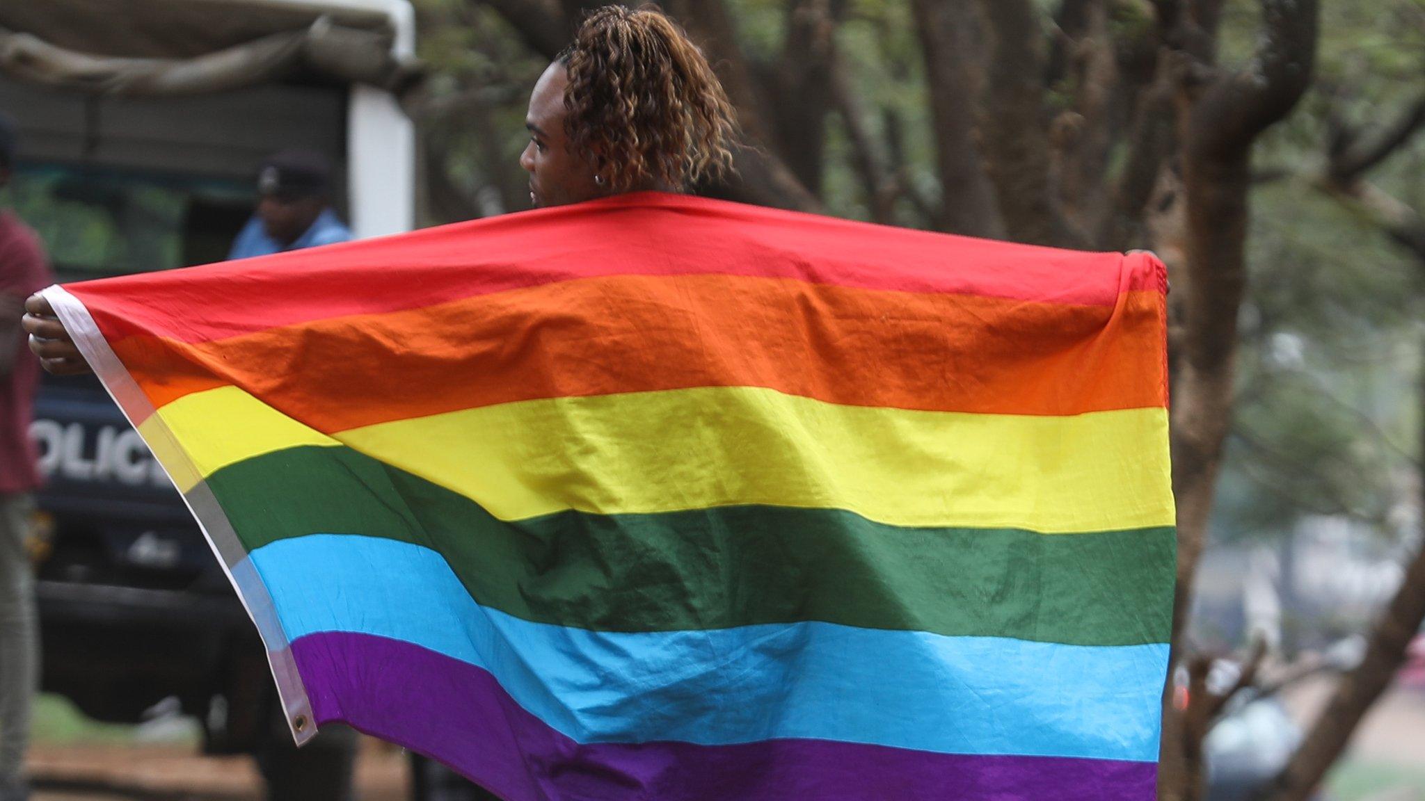 A member (C), of Refugee Flag Kenya, an organisation that protects LGBT refugees and asylum seekers in Kenya poses for a photo during a demonstration outside the United Nations High Commissioner for Refugees (UNHCR), offices in Nairobi, Kenya, 13 May 2019.