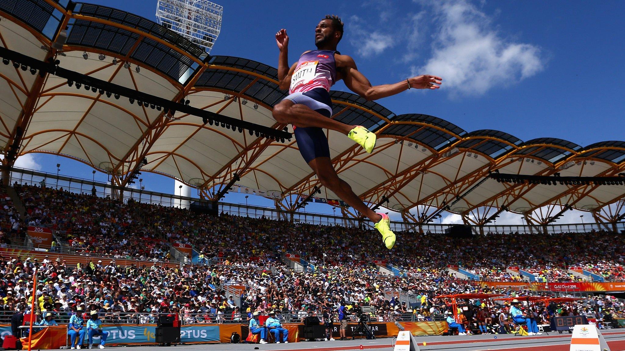 Tyrone Smith of Bermuda competes in the men's long jump qualification during the athletics on day six of the Gold Coast 2018 Commonwealth Games at Carrara Stadium