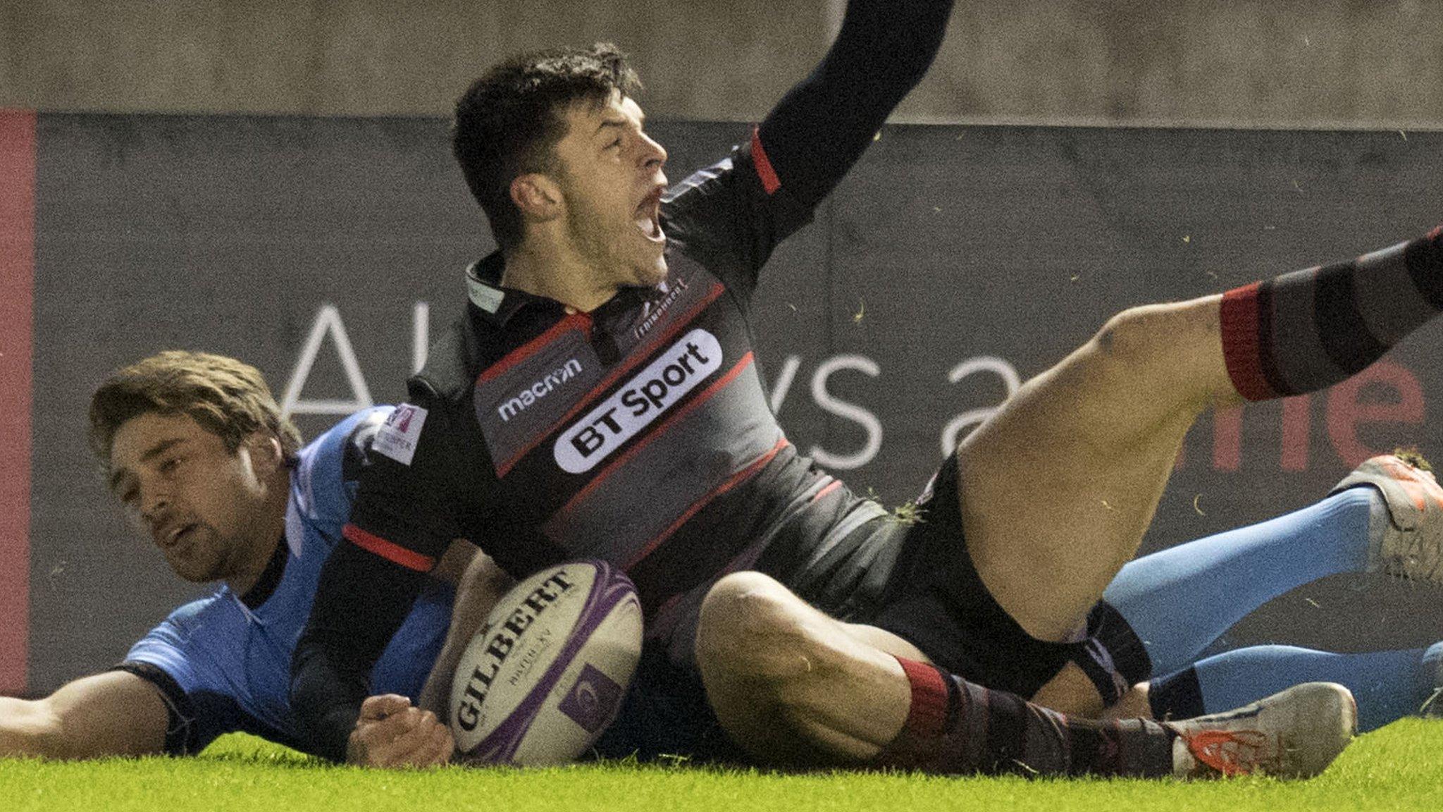 Blair Kinghorn celebrates scoring a try for Edinburgh against London Irish