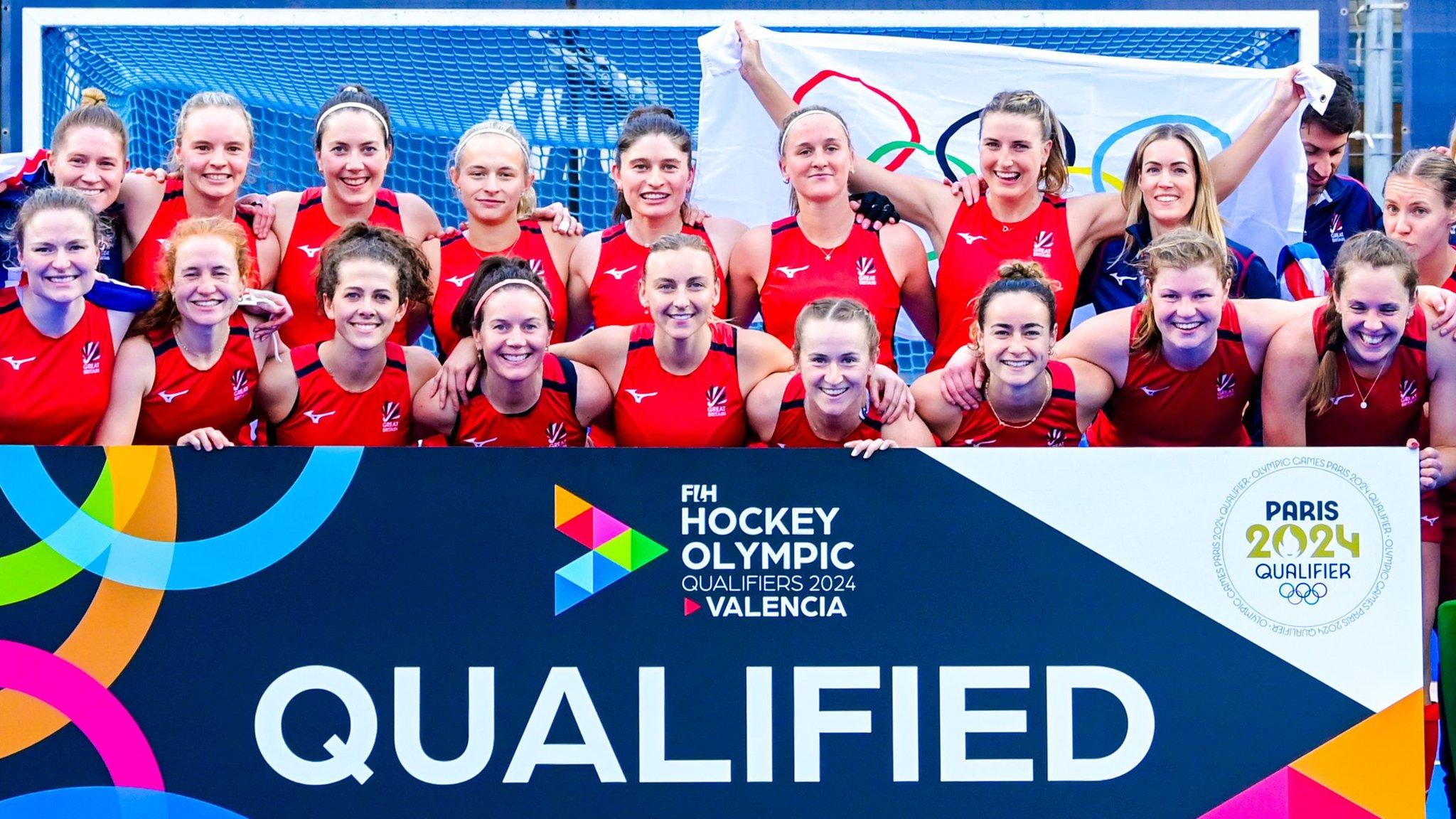 Britain's women's hockey team celebrate qualifying for the 2024 Paris Olympics