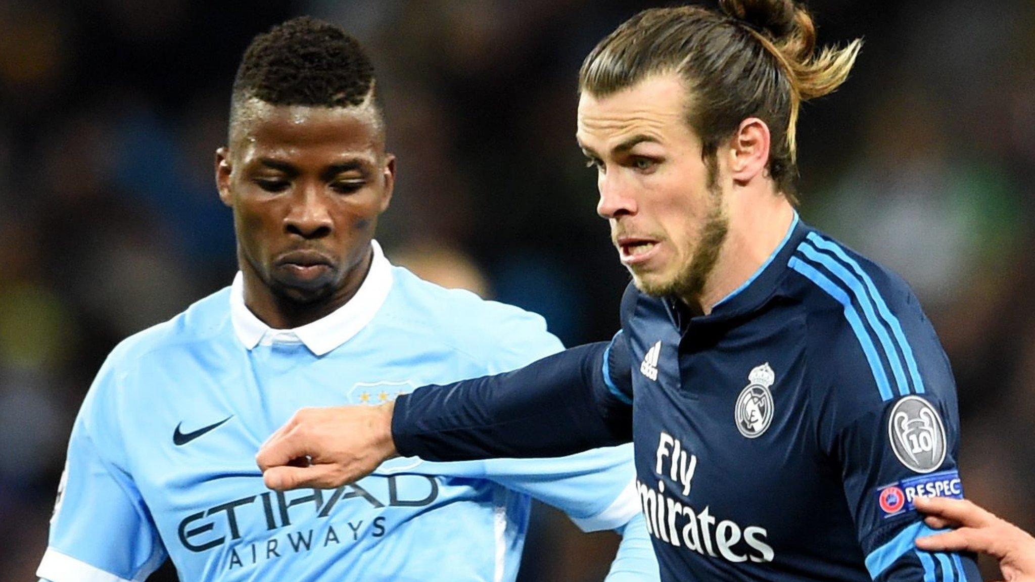 Gareth Bale of Real Madrid in action against Kelechi Iheanacho of Mancester City