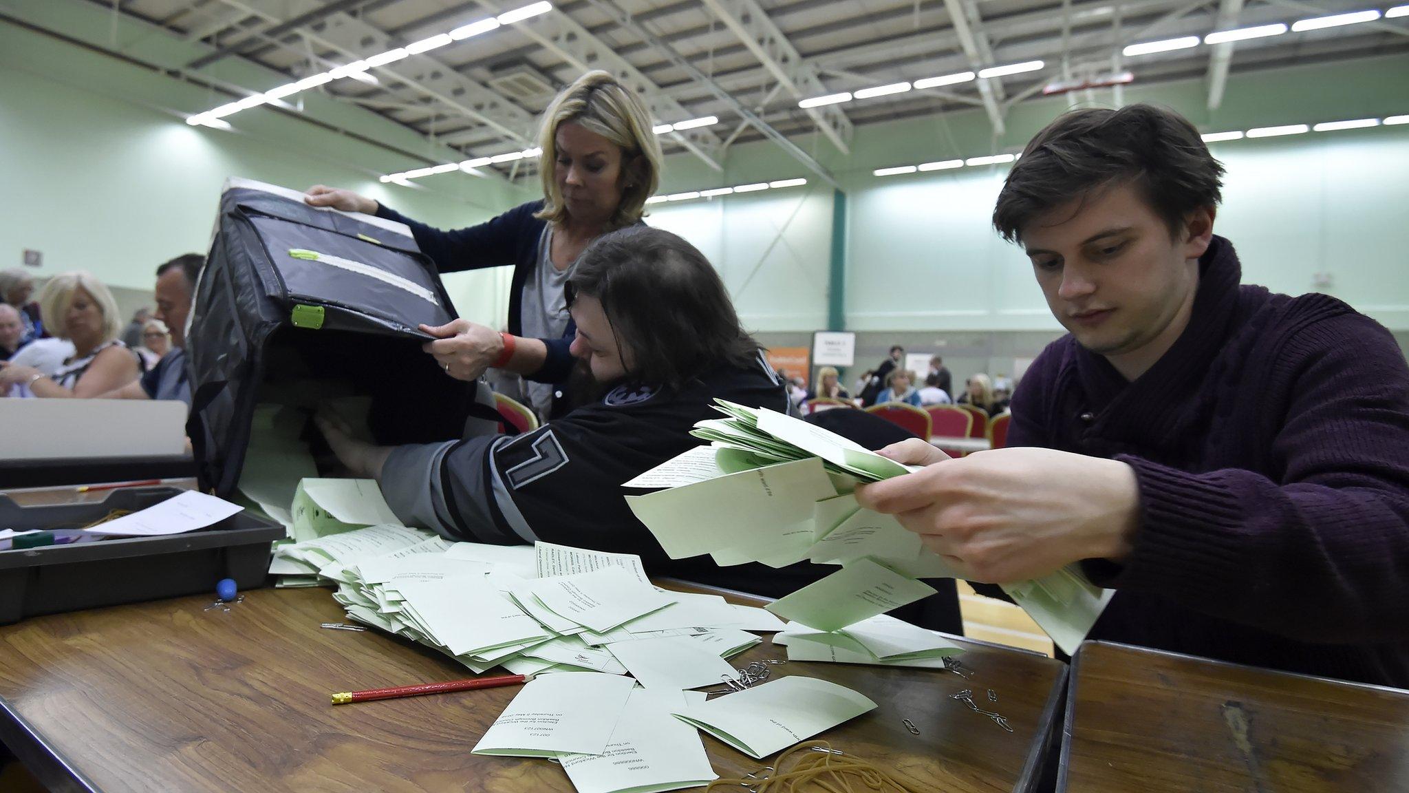 Ballot papers arrive to be counted for the local council elections at Basildon Sporting Village in Basildon, Essex.