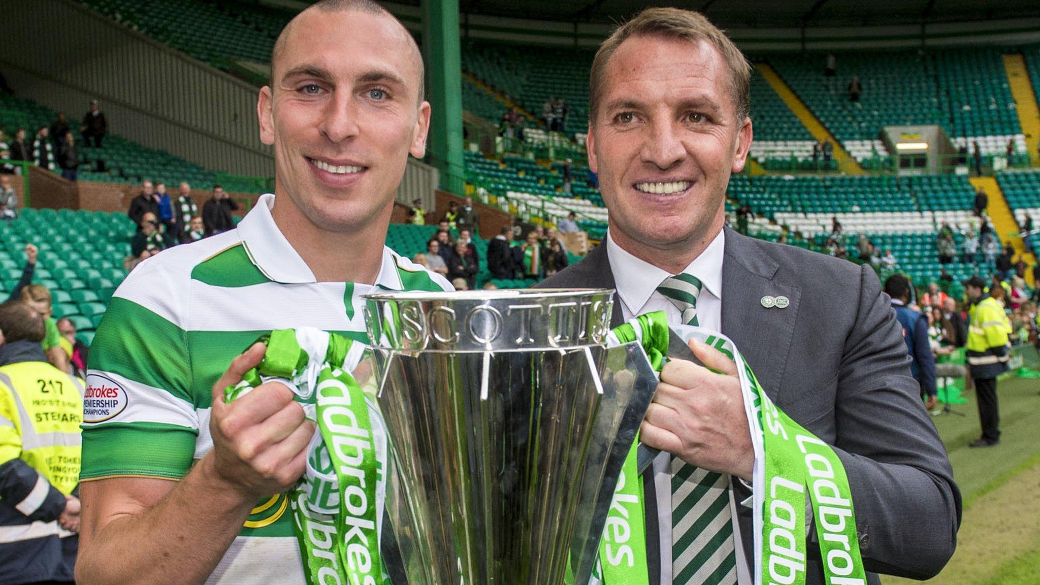 Celtic captain Scott Brown and manager Brendan Rodgers with the Premiership trophy