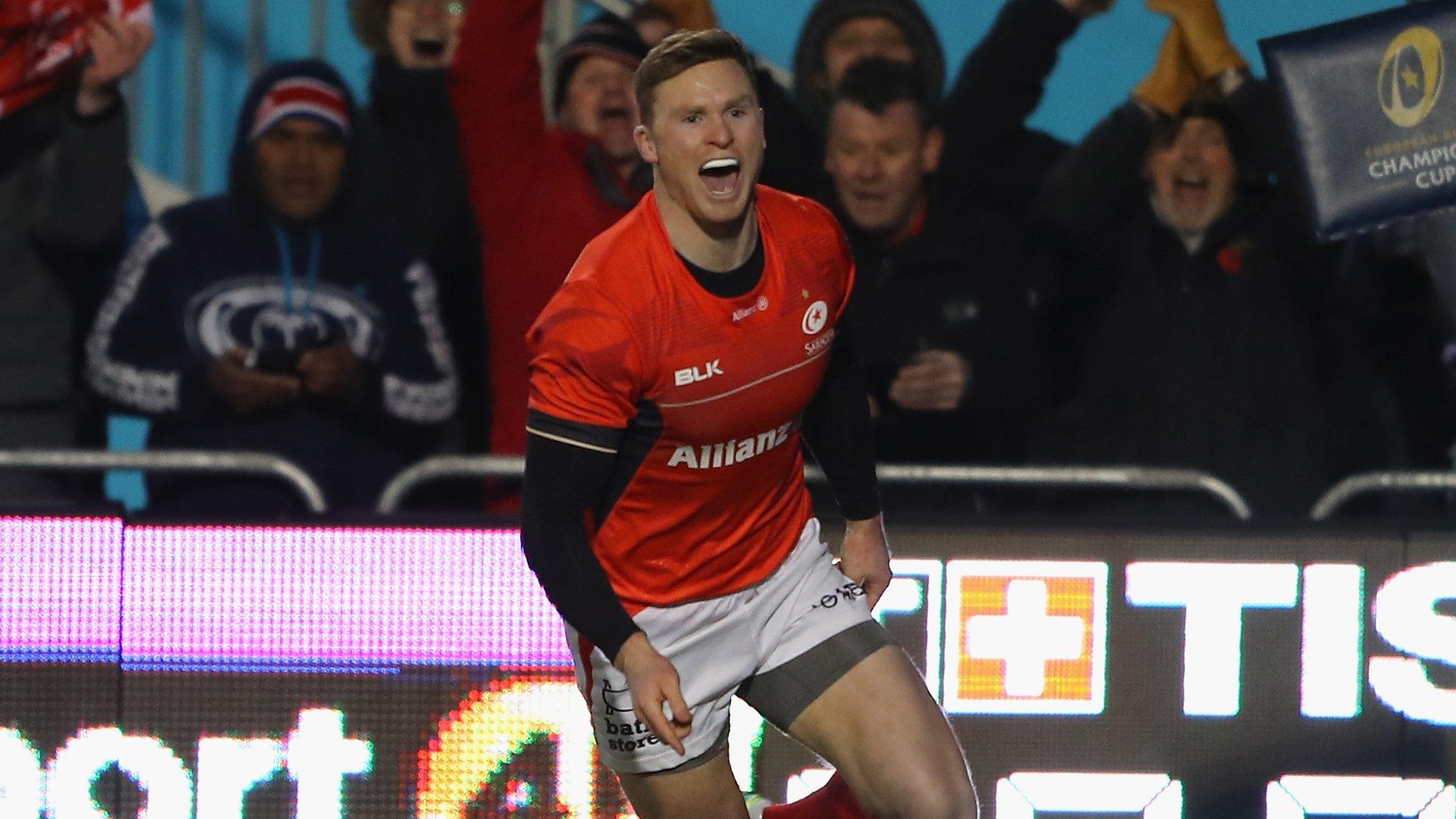 Saracens' Chris Ashton celebrates his try