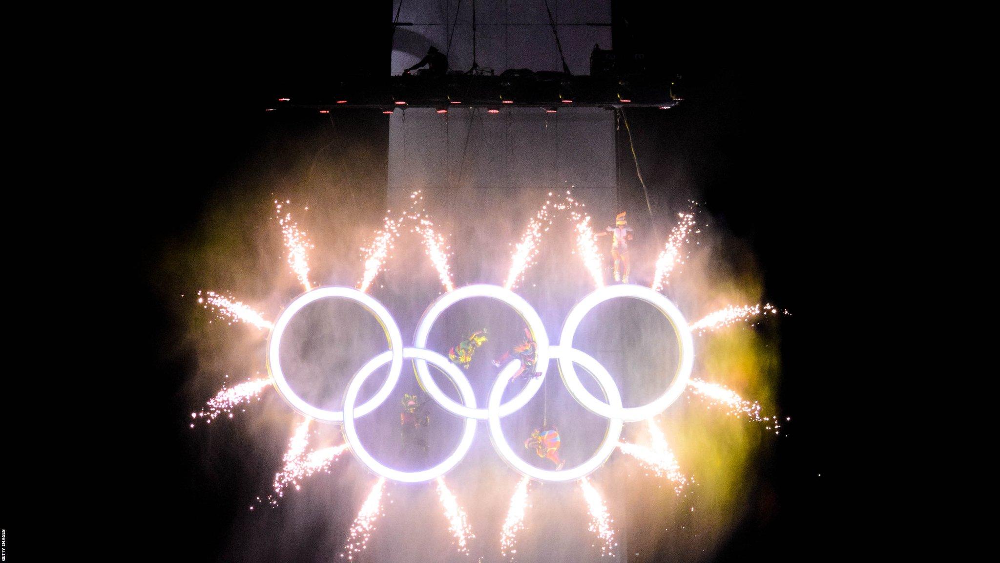 Buenos Aires, Argentina, October 6: The opening ceremony of the third Youth Olympic Games is capped off by the lighting of the rings by the Obelisco de Buenos Aires. (Photo by Fernando Oduber/SOPA Images/LightRocket via Getty Images)
