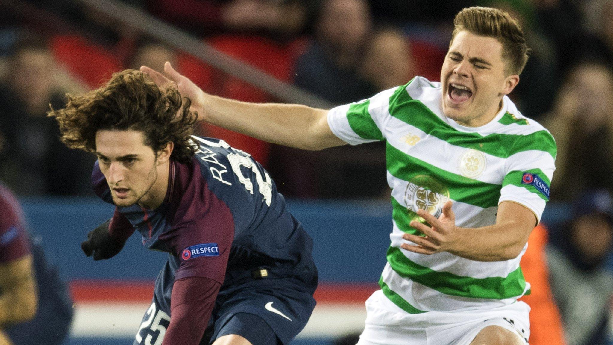 Celtic winger James Forrest shouts out in frustration as PSG's Adrien Rabiot goes past him