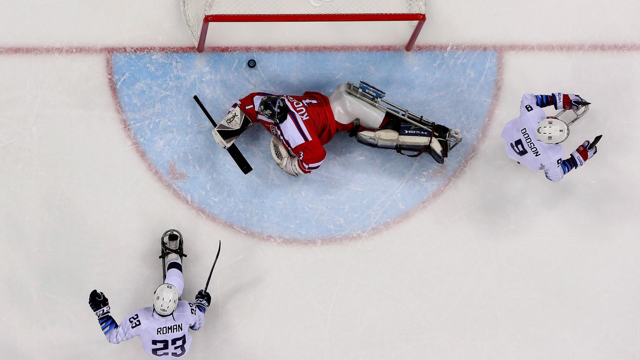 Rico Roman of United States is scoring a goal over Martin Kudela, goaltender of Czech Republic