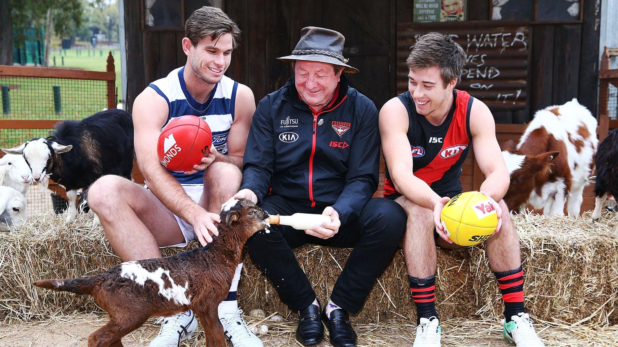 MELBOURNE, AUSTRALIA - MAY 14: Legend Essendon Bombers former coach Kevin Sheedy with Tom Hawkins of the Cats and Zach Merrett of the Bombers (R) during the Powercor Country Festival Launch at Melbourne Cricket Ground on May 14, 2018 in Melbourne, Australia. The Essendon Bombers play the Geelong Cats on the weekend to promote the Festival.